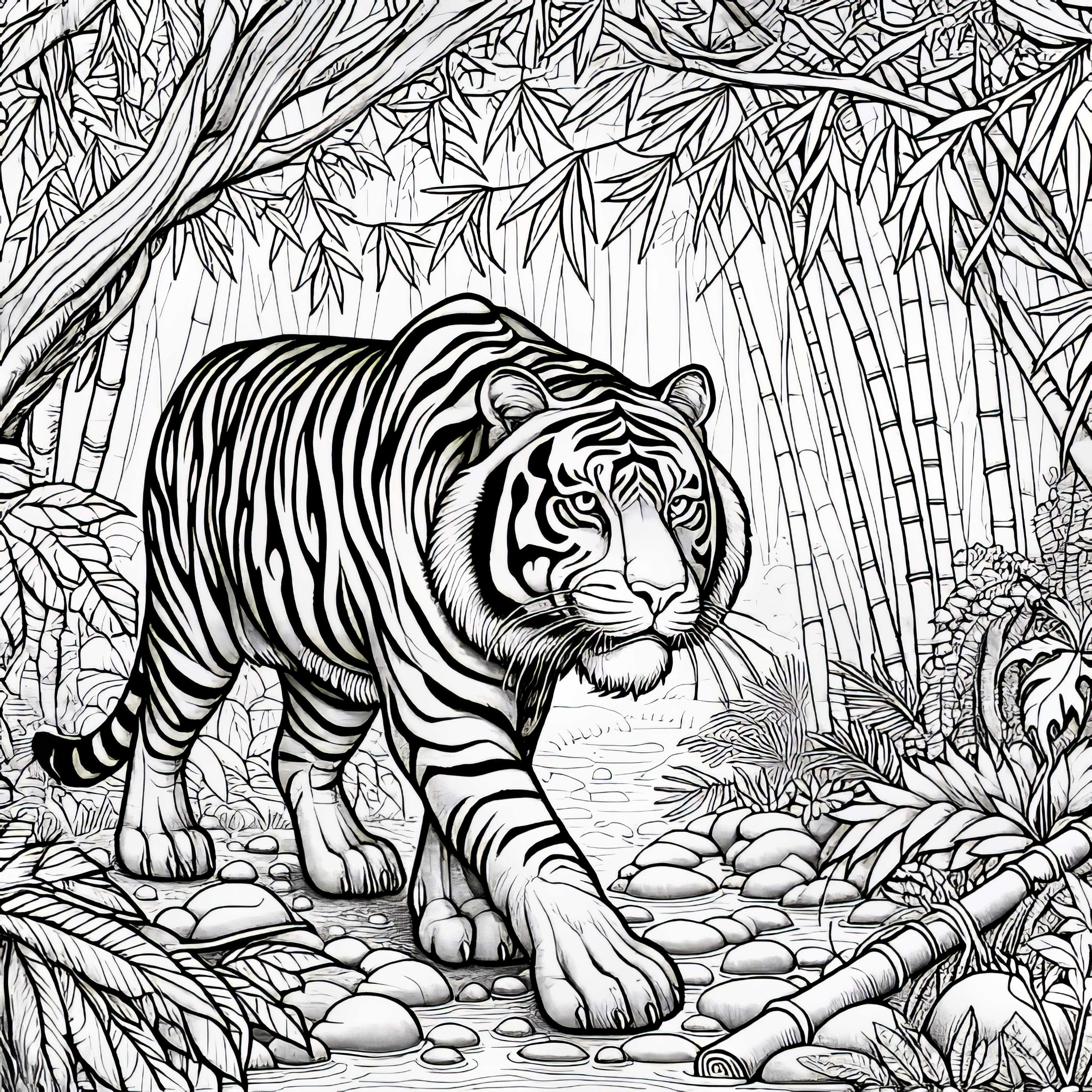 ジャングルのバンブーにいる虎:詳細な塗り絵テンプレート(無料) ジャングルの竹と虎: 詳細な塗り絵 (無料)