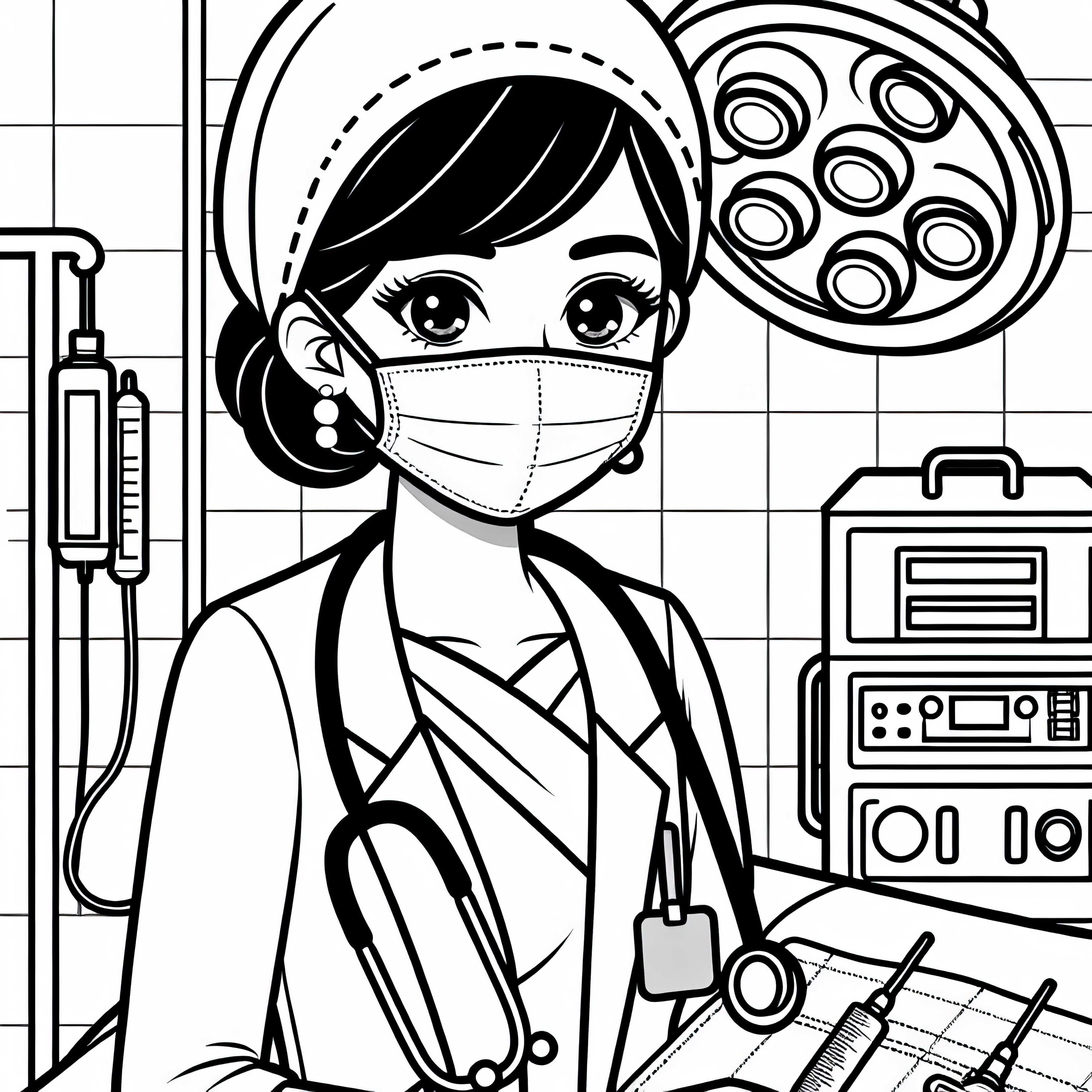 Ärztin im Operationssaal mit Maske - Malvorlage einfach gratis Ärztin im Operationssaal mit Maske - Malvorlage einfach gratis