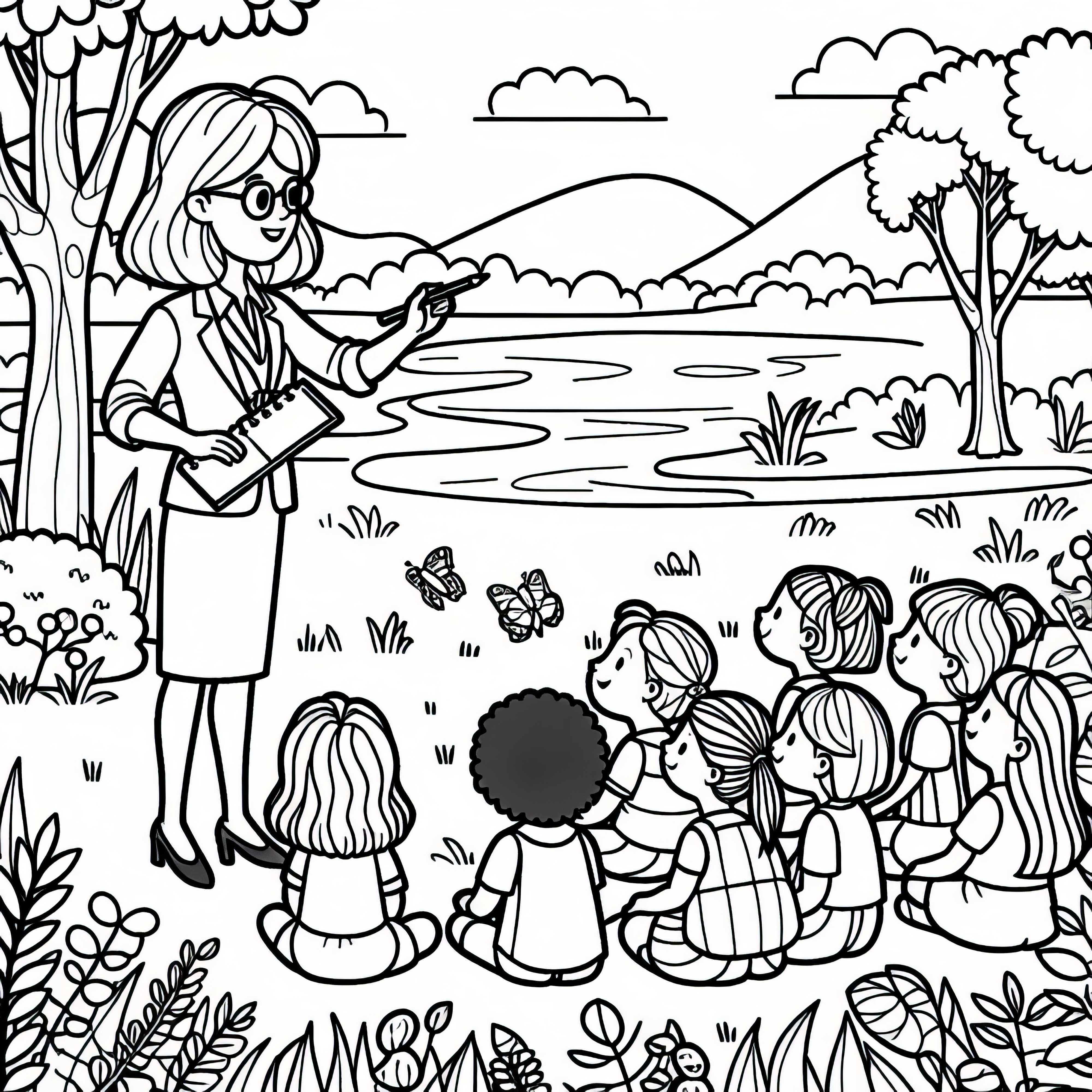 Guru di kelas alam dengan siswa di luar – Template gambar sederhana gratis Guru di jam pelajaran alam dengan siswa di luar – Template menggambar sederhana gratis