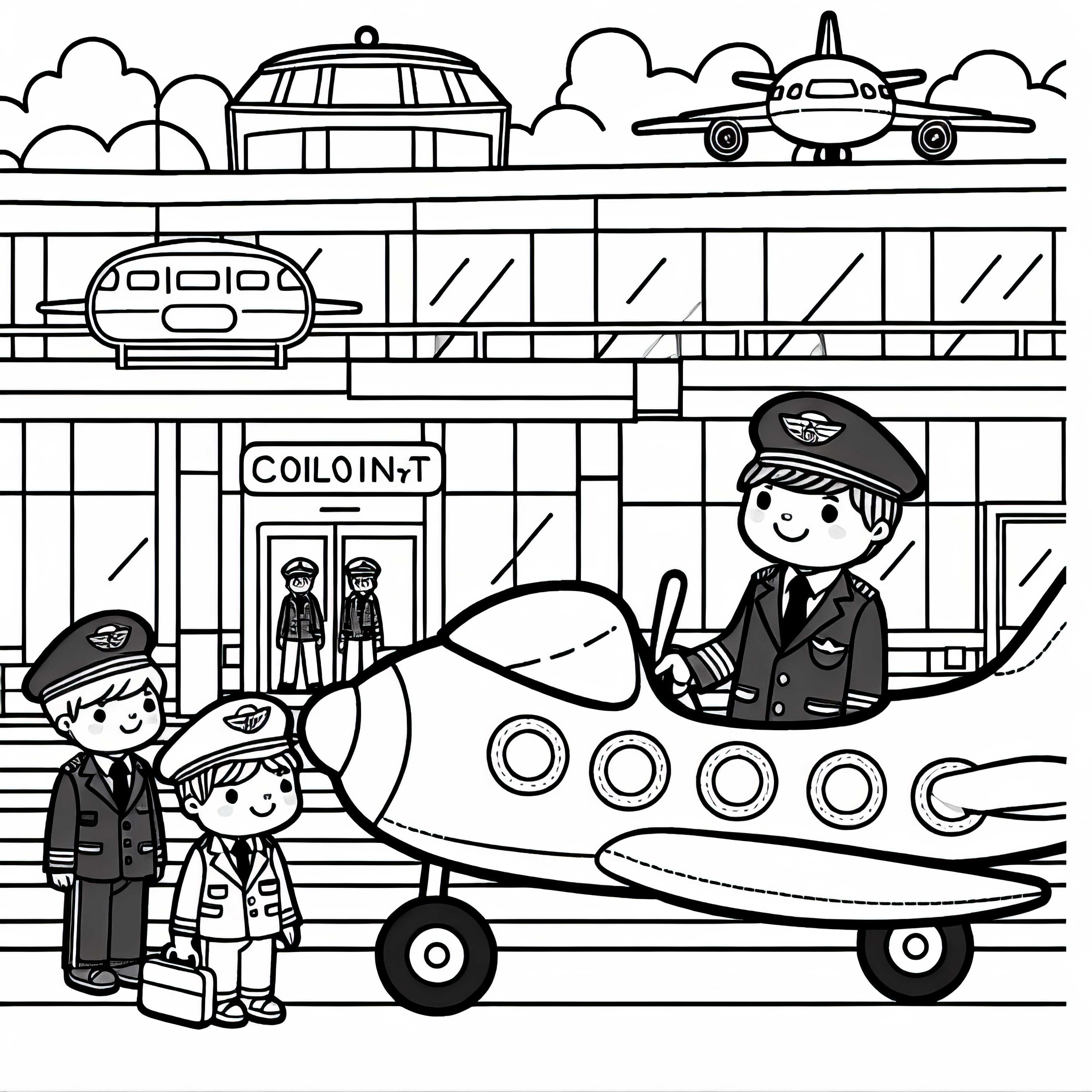비행기 조종사와 공항 - 간단한 무료 색칠하기 도안 파일럿이 있는 공항 - 간단한 색칠공부 무료