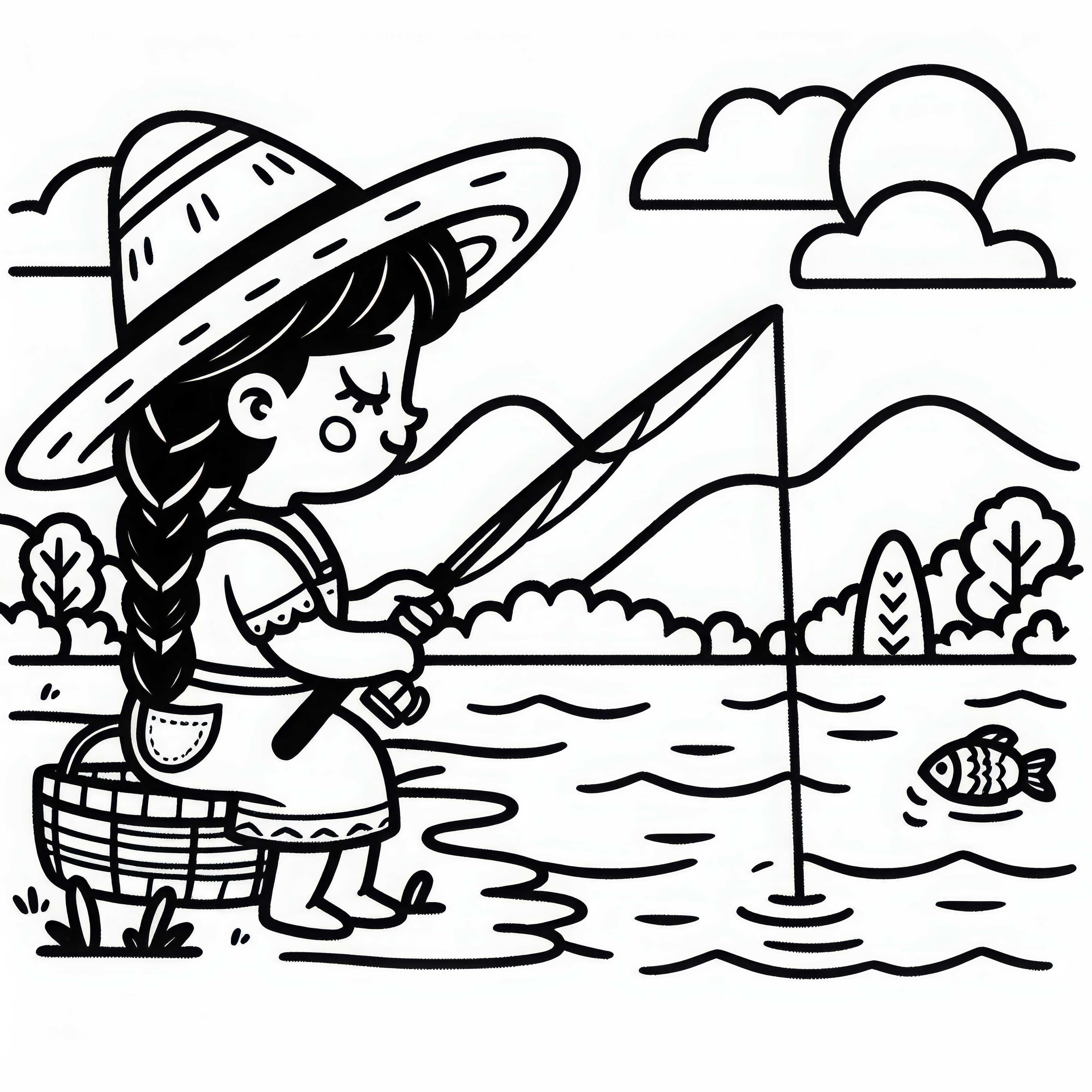 호수에서 낚시대를 들고 낚시하는 여성 - 무료 색칠하기 그림 호수에서 낚시대를 들고 낚시하는 어부 - 무료 색칠하기 그림