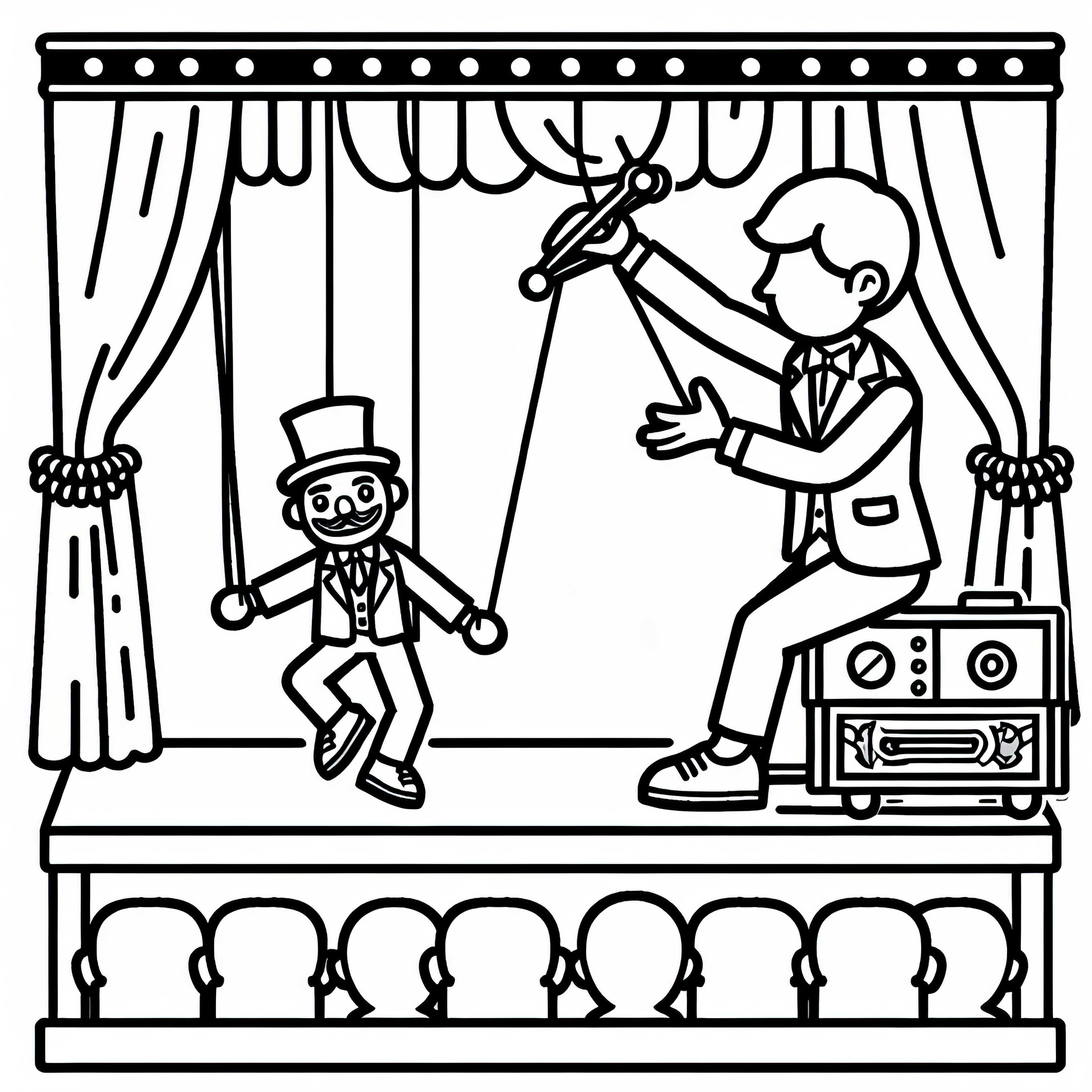 Puppeteer moves marionette on stage – Simple coloring page for free Puppeteer moves puppet on stage - Coloring page simple free