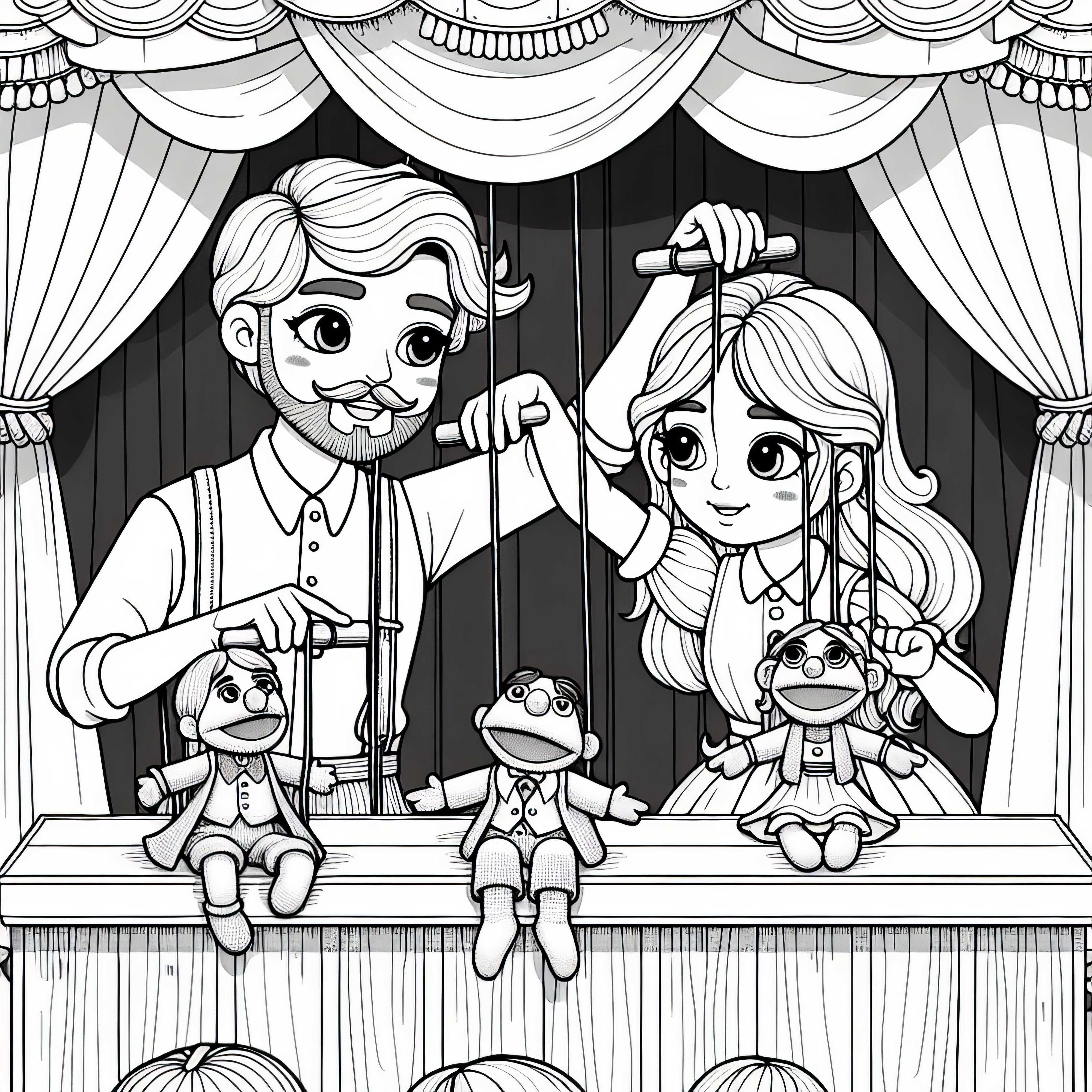 Puppeteers perform with puppets in a small theater – Free coloring template Puppeteers perform with puppets in a small theater - free coloring page