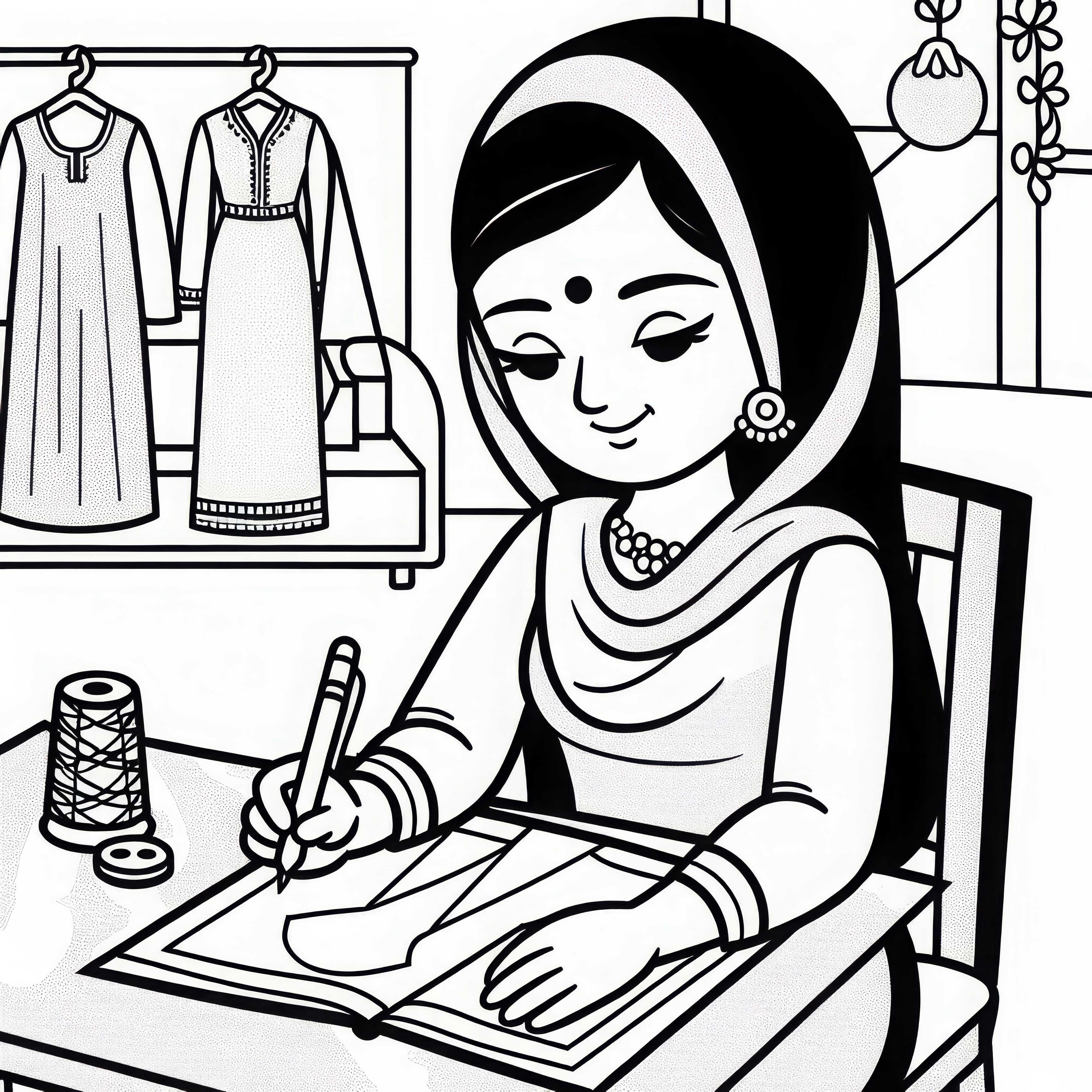 Seamstress draws pattern on paper - Free coloring page Seamstress draws patterns on paper – Free coloring page