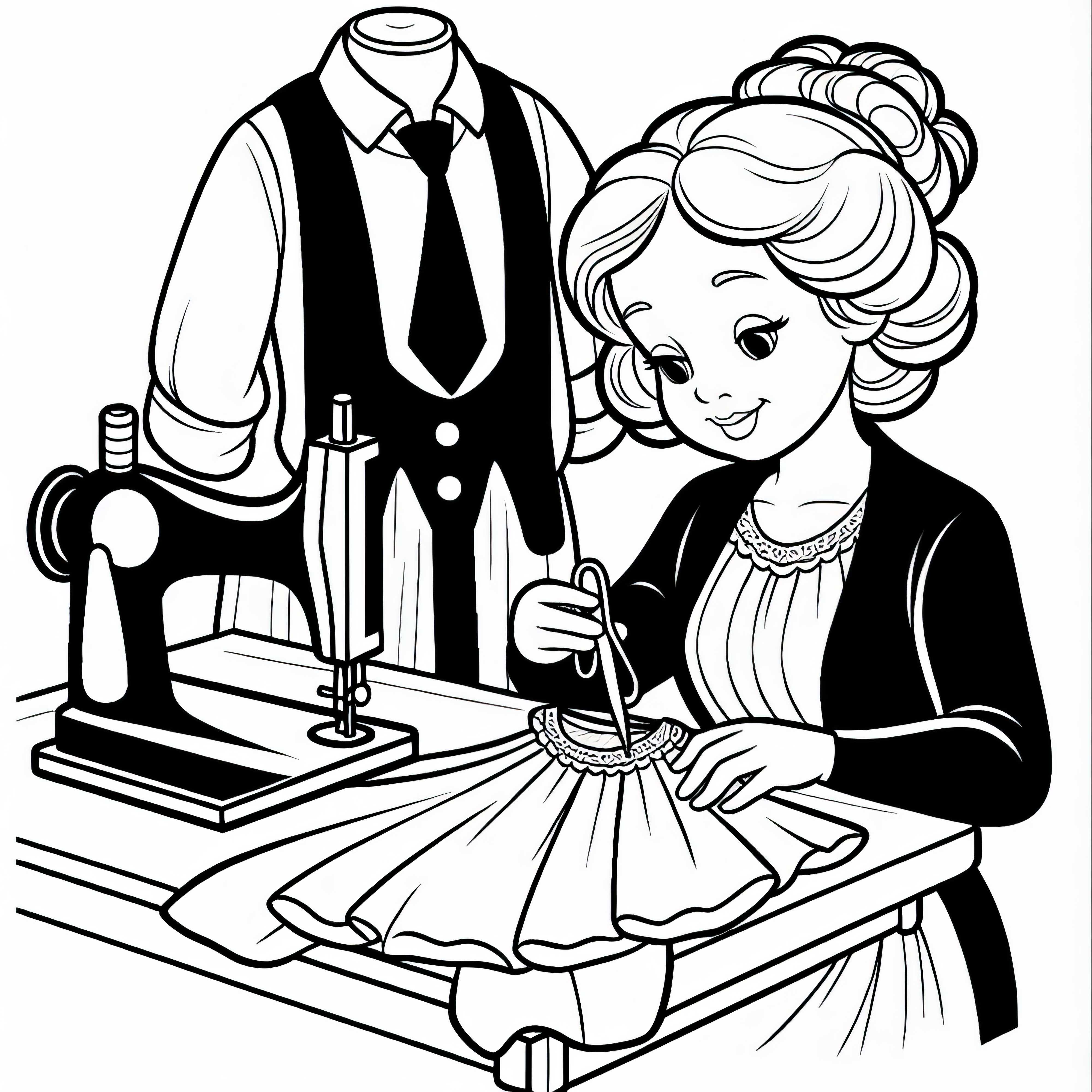 Seamstress checks finished garment - Free coloring page Seamstress checks finished garment – Free coloring page