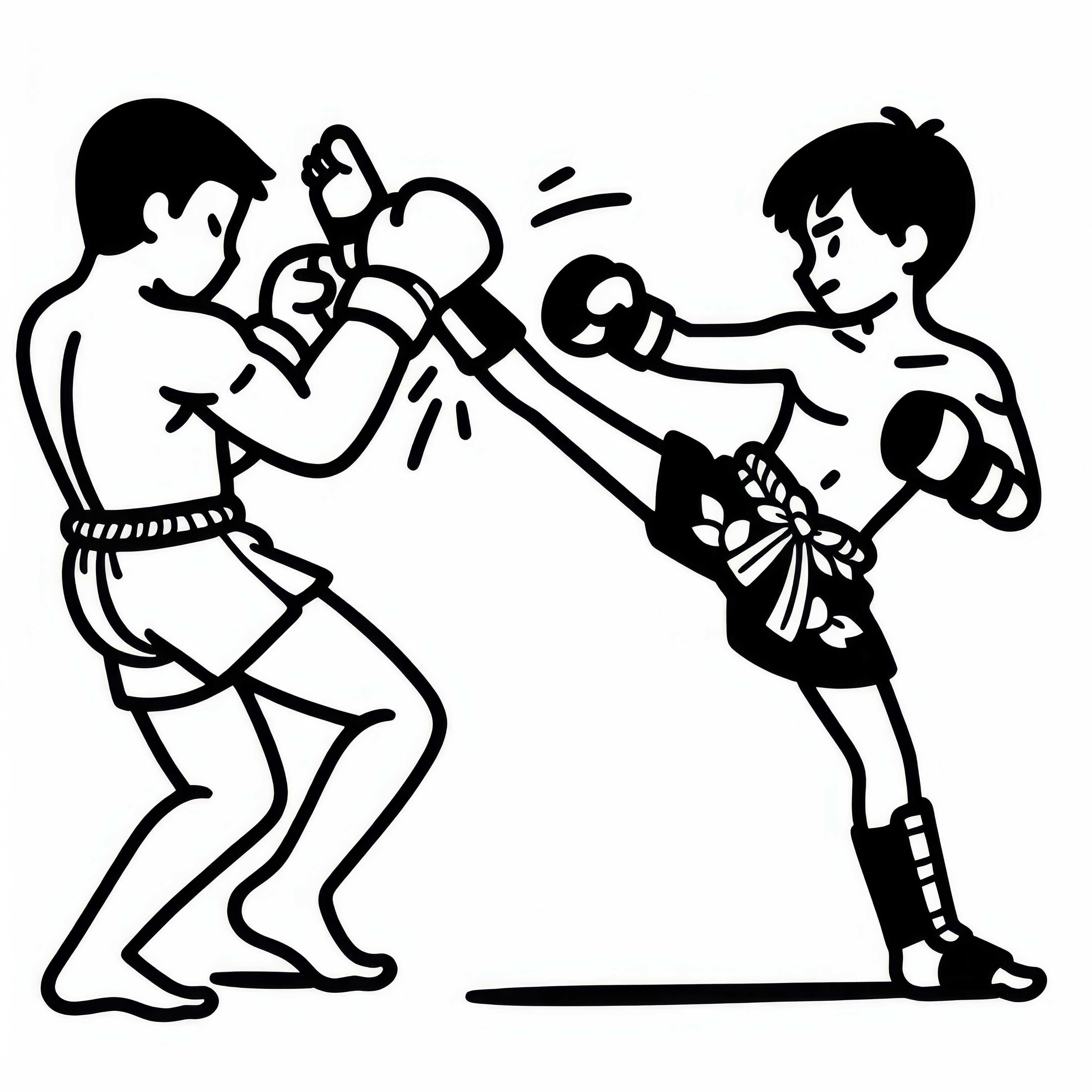 Muay Thai fighter kicks opponent with high roundhouse kick – free coloring page Muay Thai fighter kicks opponent with high roundhouse kick - free coloring page