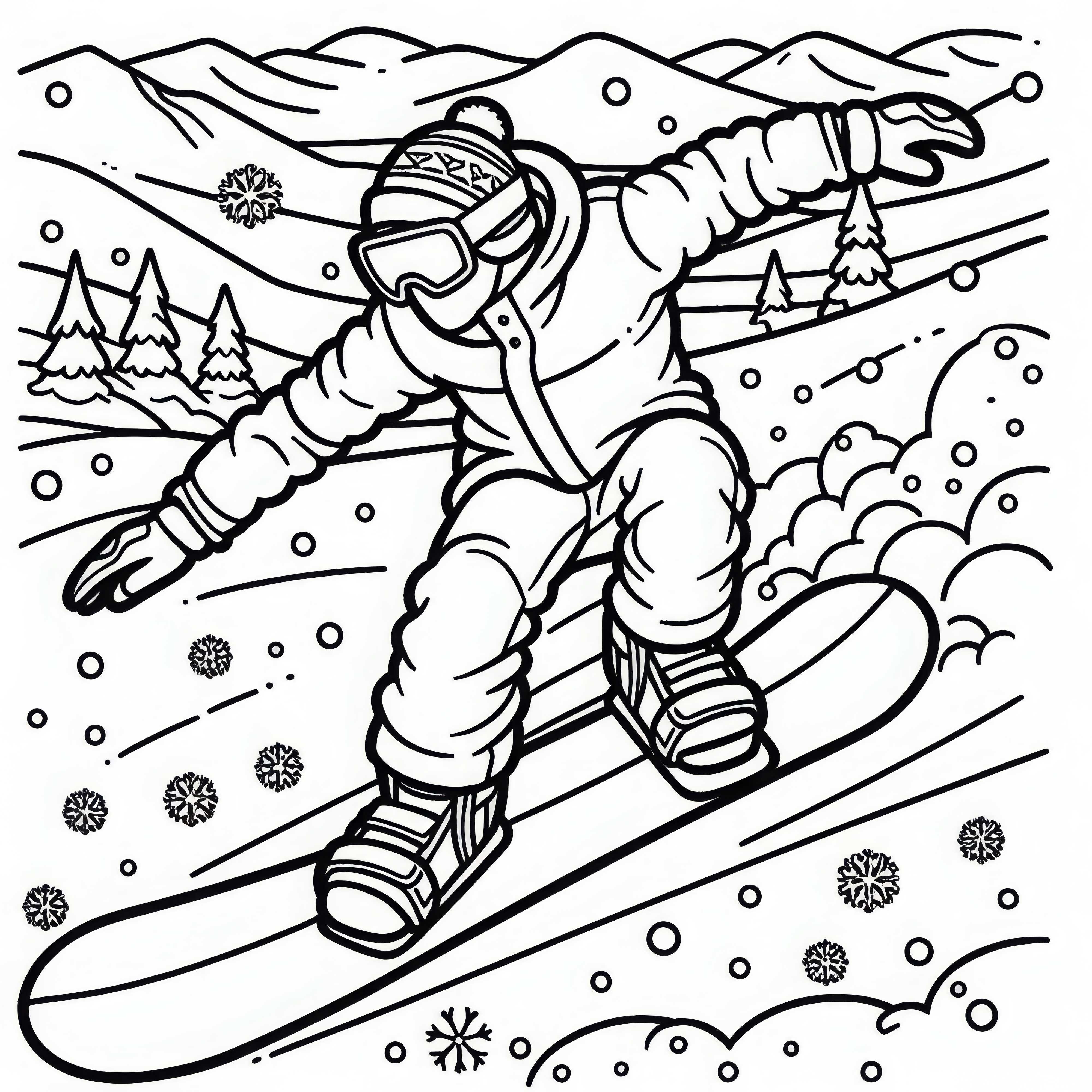 Snowboarder races down the snow-covered slope – free coloring page Snowboarder races down the snow-covered slope – Free coloring page