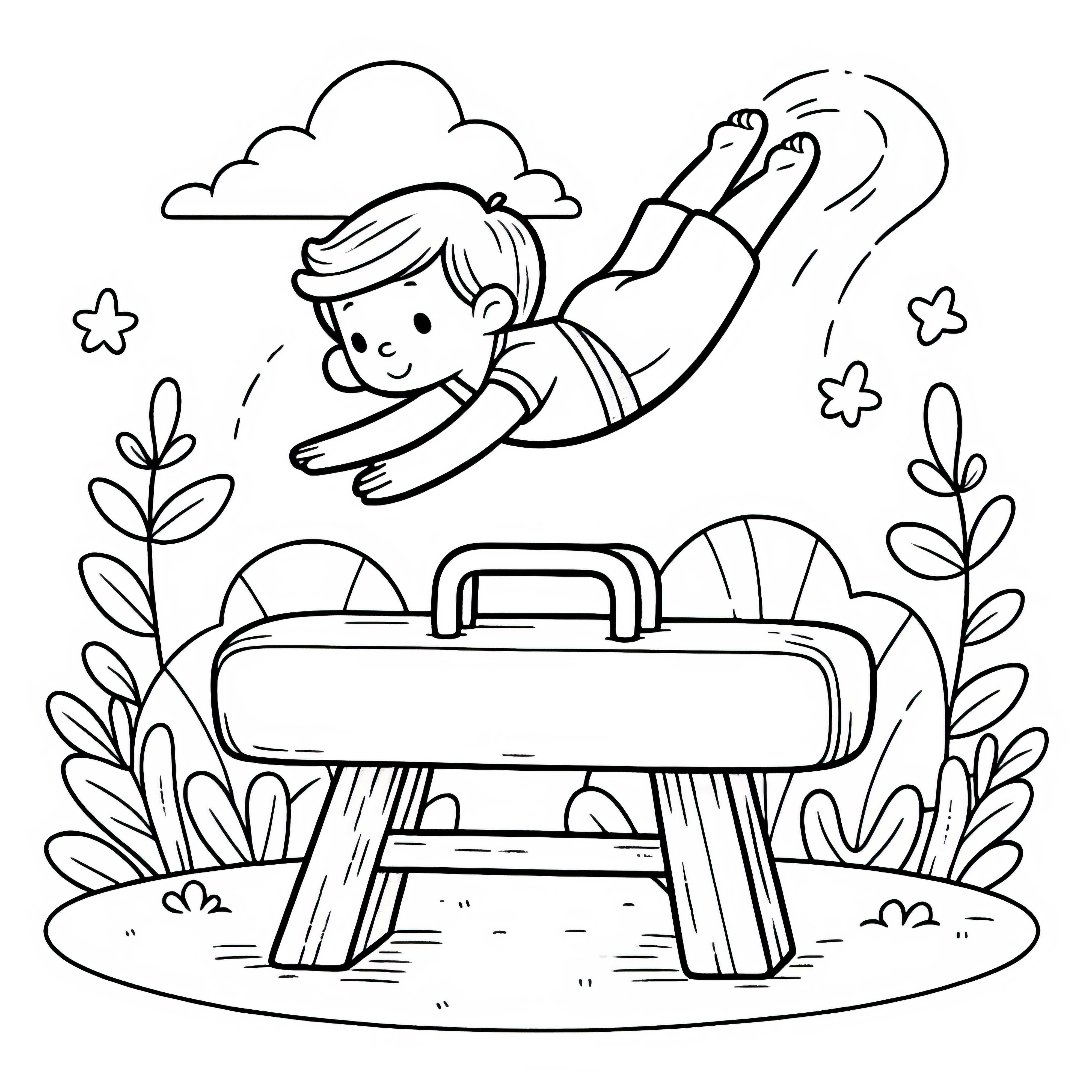 간단한 무료 색칠공부 도안 - 체조에서 어린이가 양에 뛰어넘기 아이들이 체조할 때 말(?)을 넘는 모습 - 간단한 색칠하기 이미지, 무료