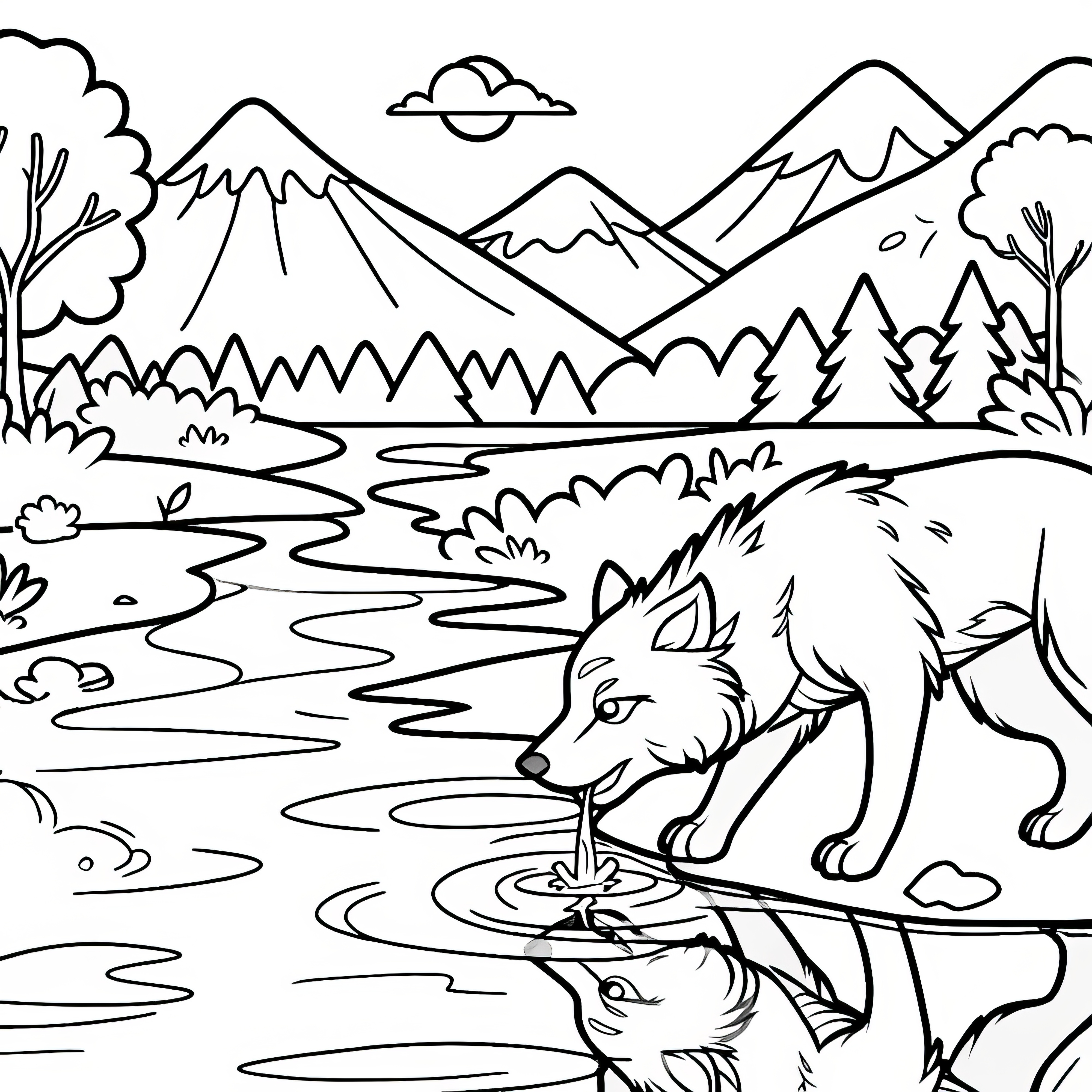 Wolf trinkt Wasser aus Fluss mit spiegelnder Oberfläche: Einfache Malvorlage (Gratis) Wolf trinkt Wasser aus Fluss mit spiegelnder Oberfläche: Einfache Malvorlage (Gratis)