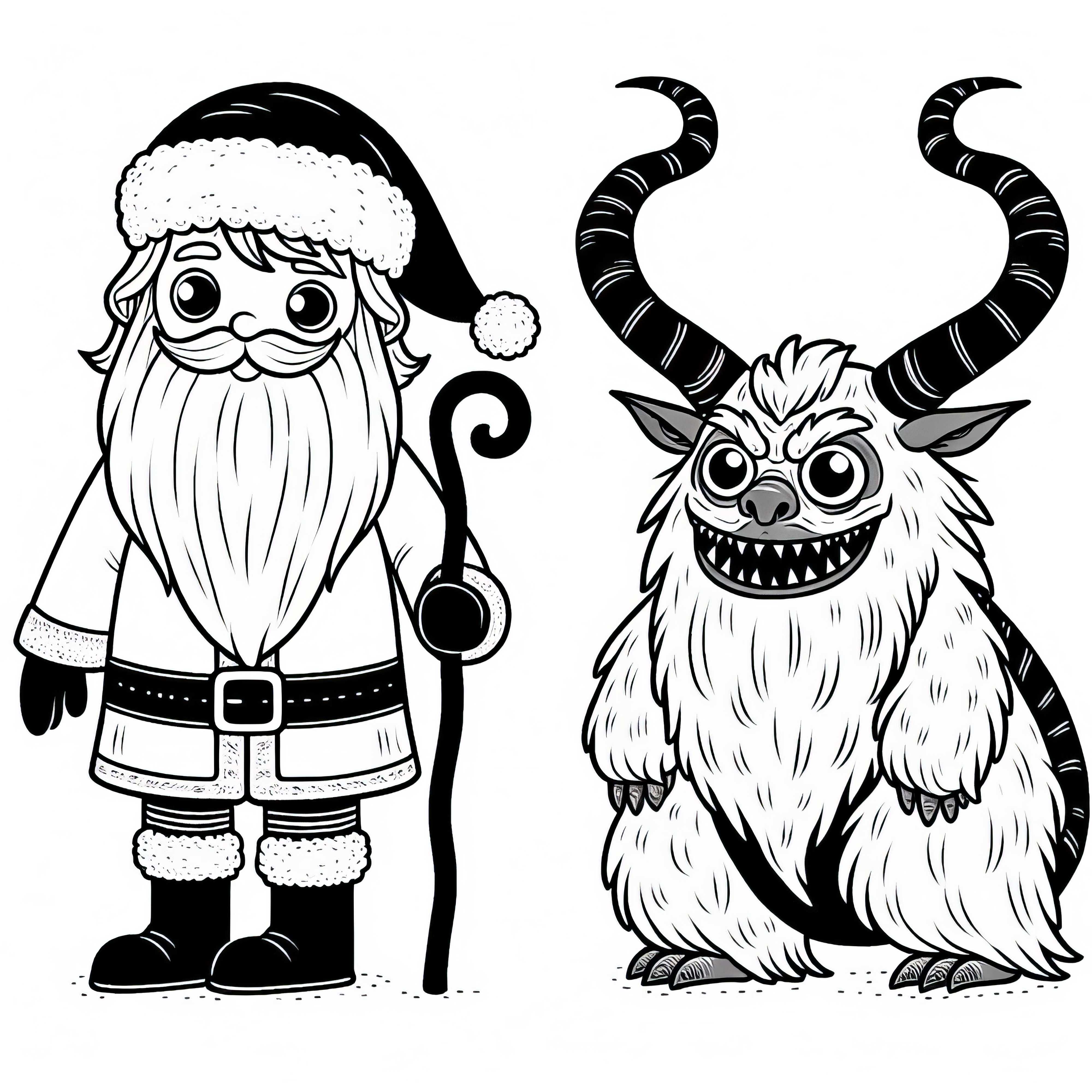 크람푸스는 성 니콜라스 곁에 서 있다 – 간단하고 무료인 색칠하기 그림 크람푸스와 성니콜라스 – 간단하고 무료인 색칠 공부 그림