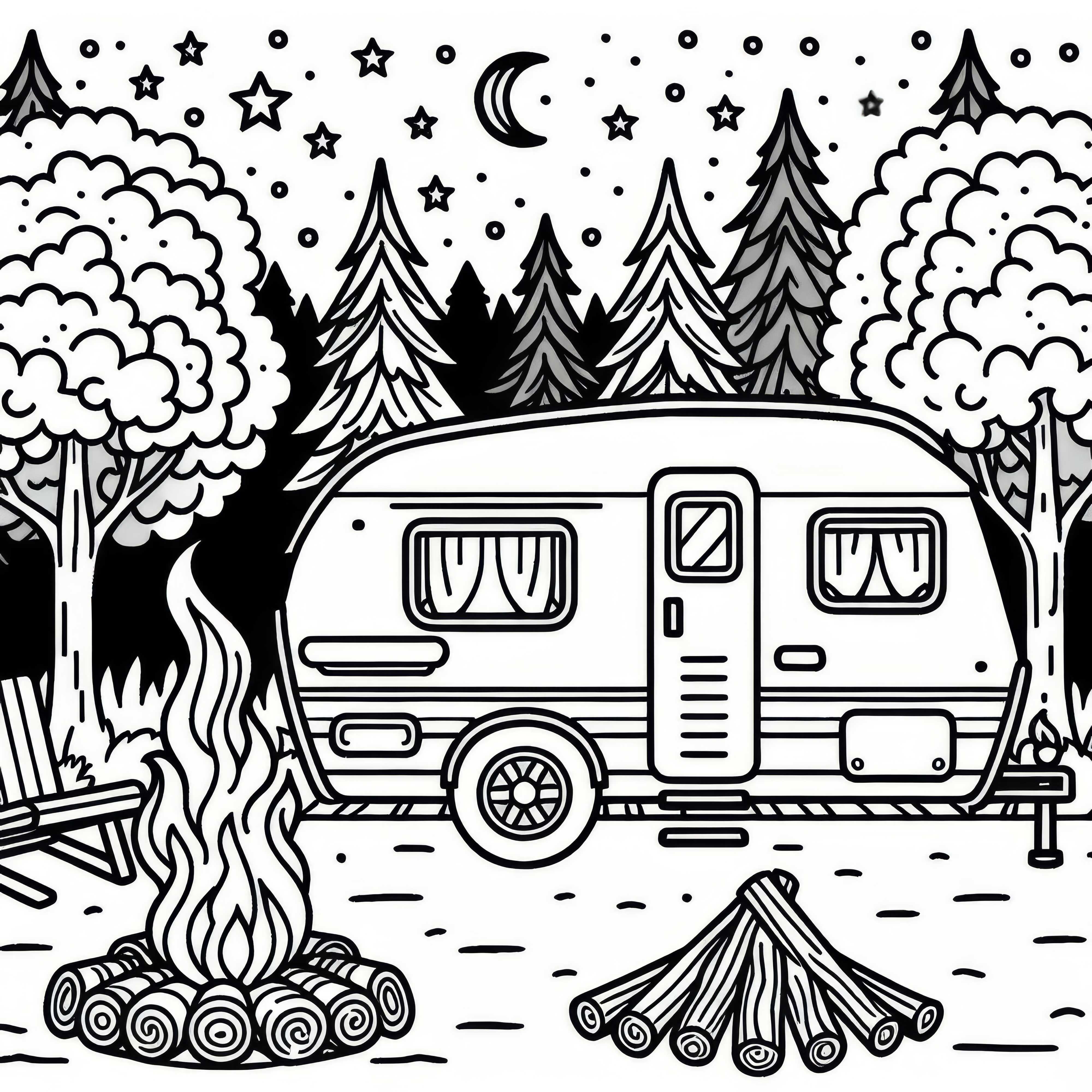 Caravan at a campsite with a campfire and trees – Free coloring page Caravan at a campsite with a campfire and trees – coloring page for free