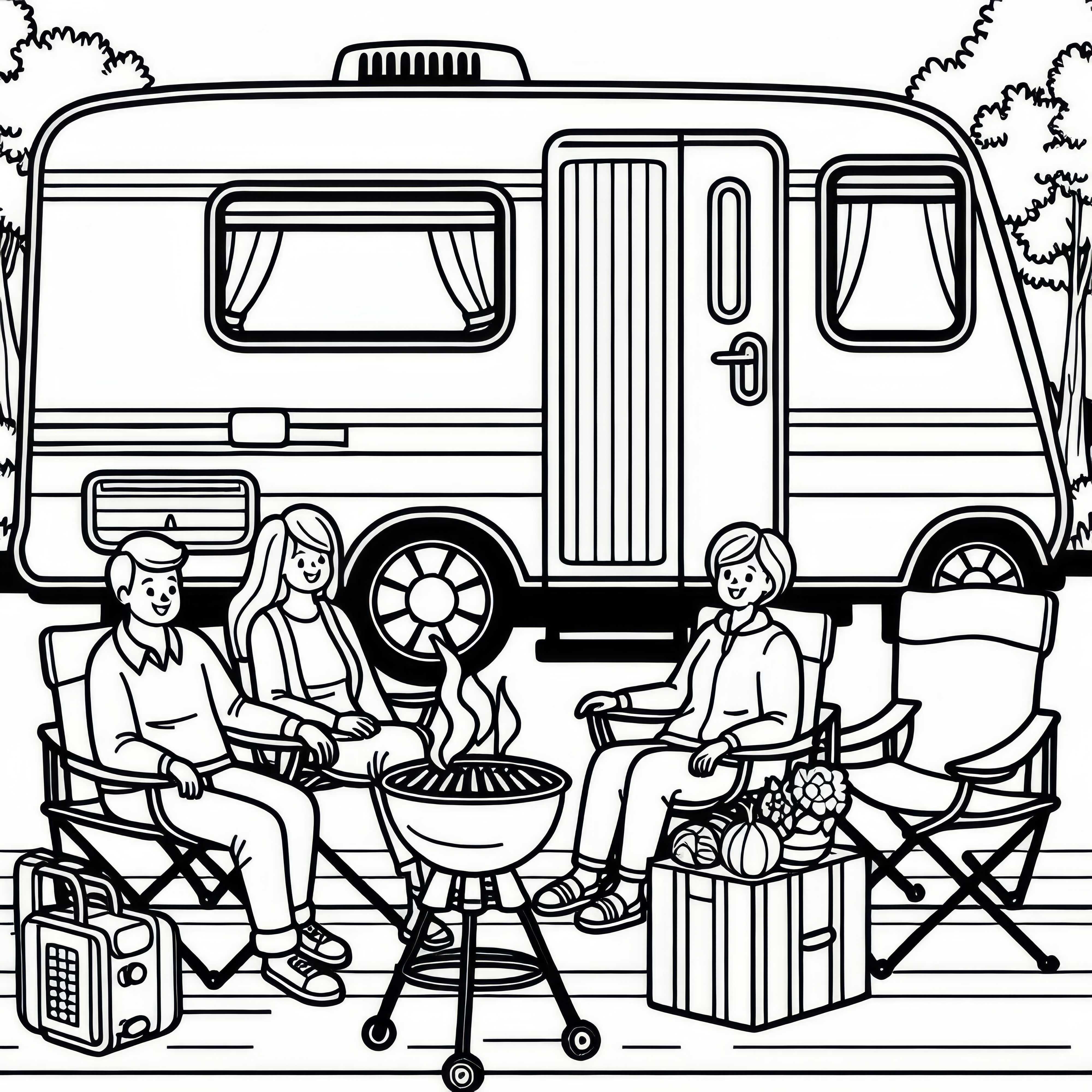 Family sitting in front of a caravan on camping chairs with a grill - free coloring template Family sitting in front of a caravan on camping chairs with a grill - coloring page free of charge