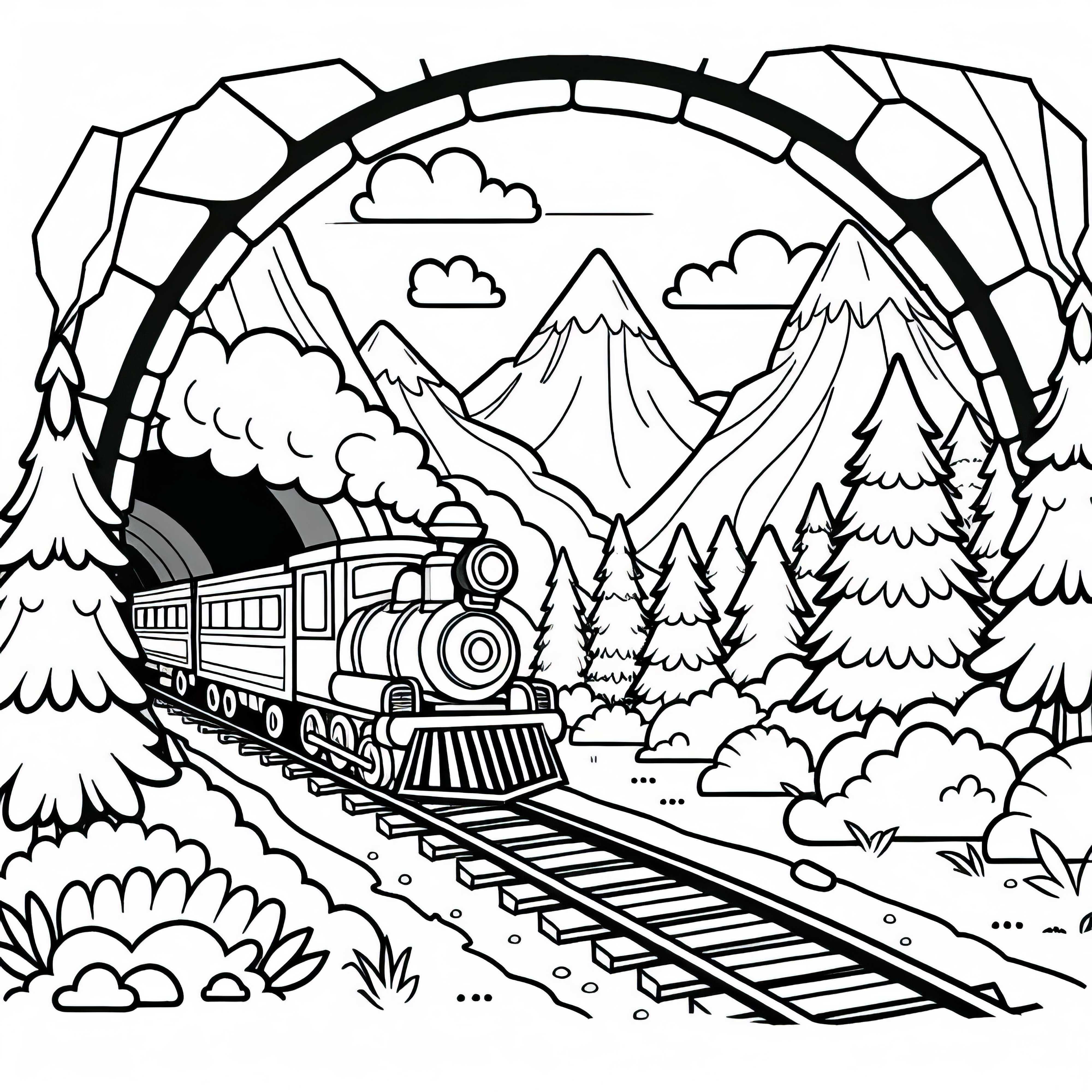 Train crosses mountain tunnel - coloring page for boys aged six and up free of charge Train passes through mountain tunnel – coloring page for boys from six years old for free