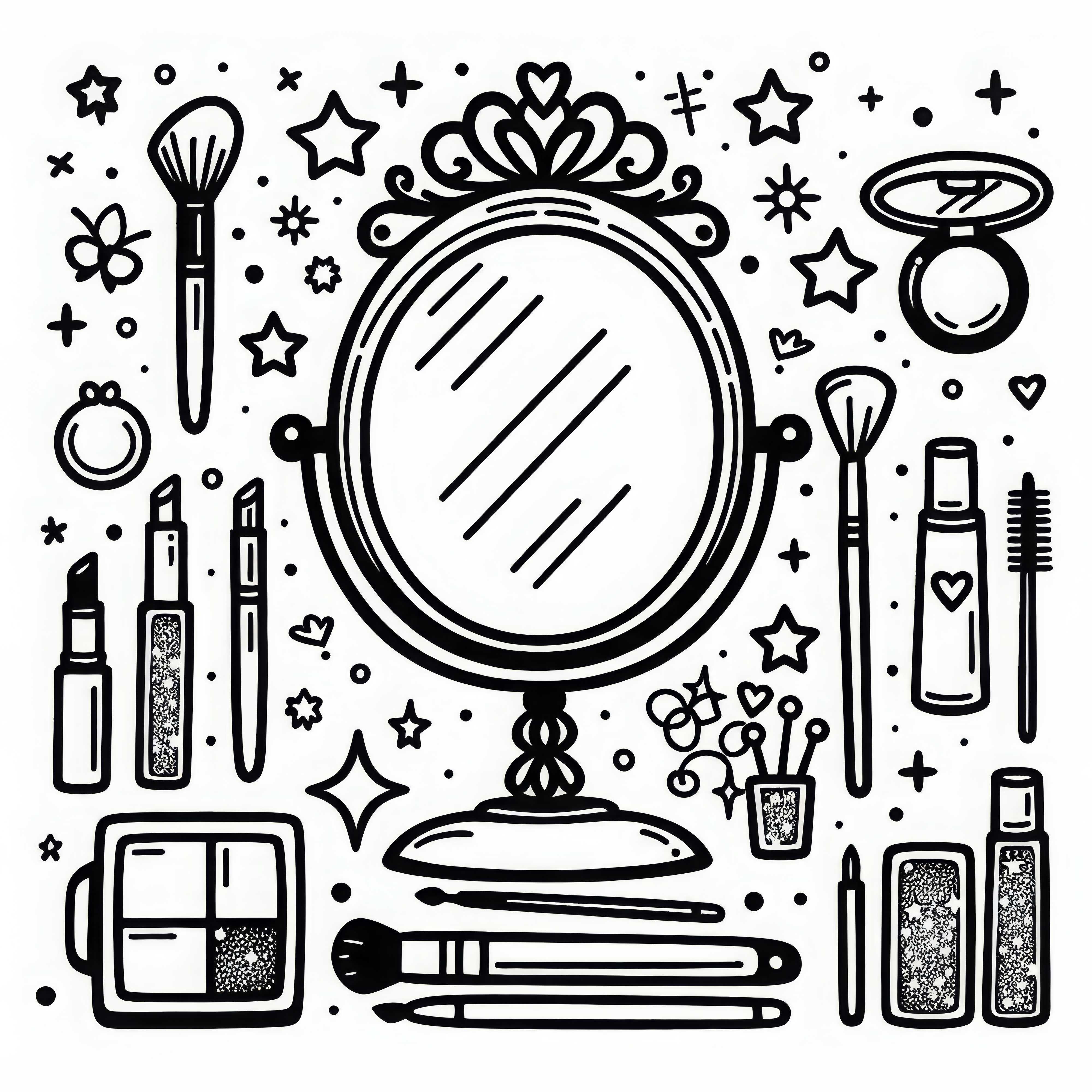 スタイリングミラーと化粧品 - 6歳以上の女の子向けの無料塗り絵 化粧小物付きスタイリングミラー - 6歳以上の女の子向けの無料塗り絵