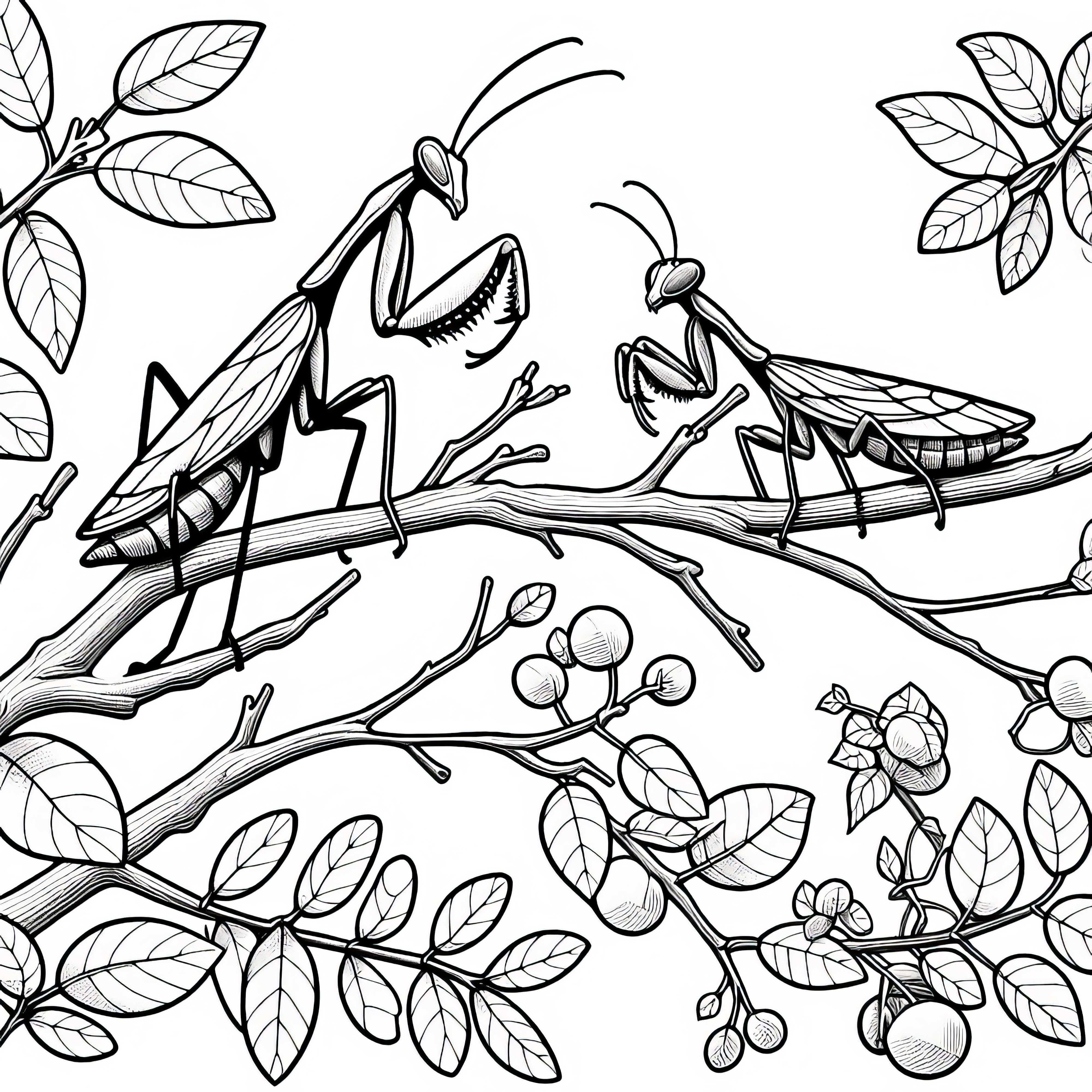 ふたつのカマキリが枝の上で出会う – 無料の塗り絵 二匹のカマキリが枝の上で出会う – 無料の塗り絵