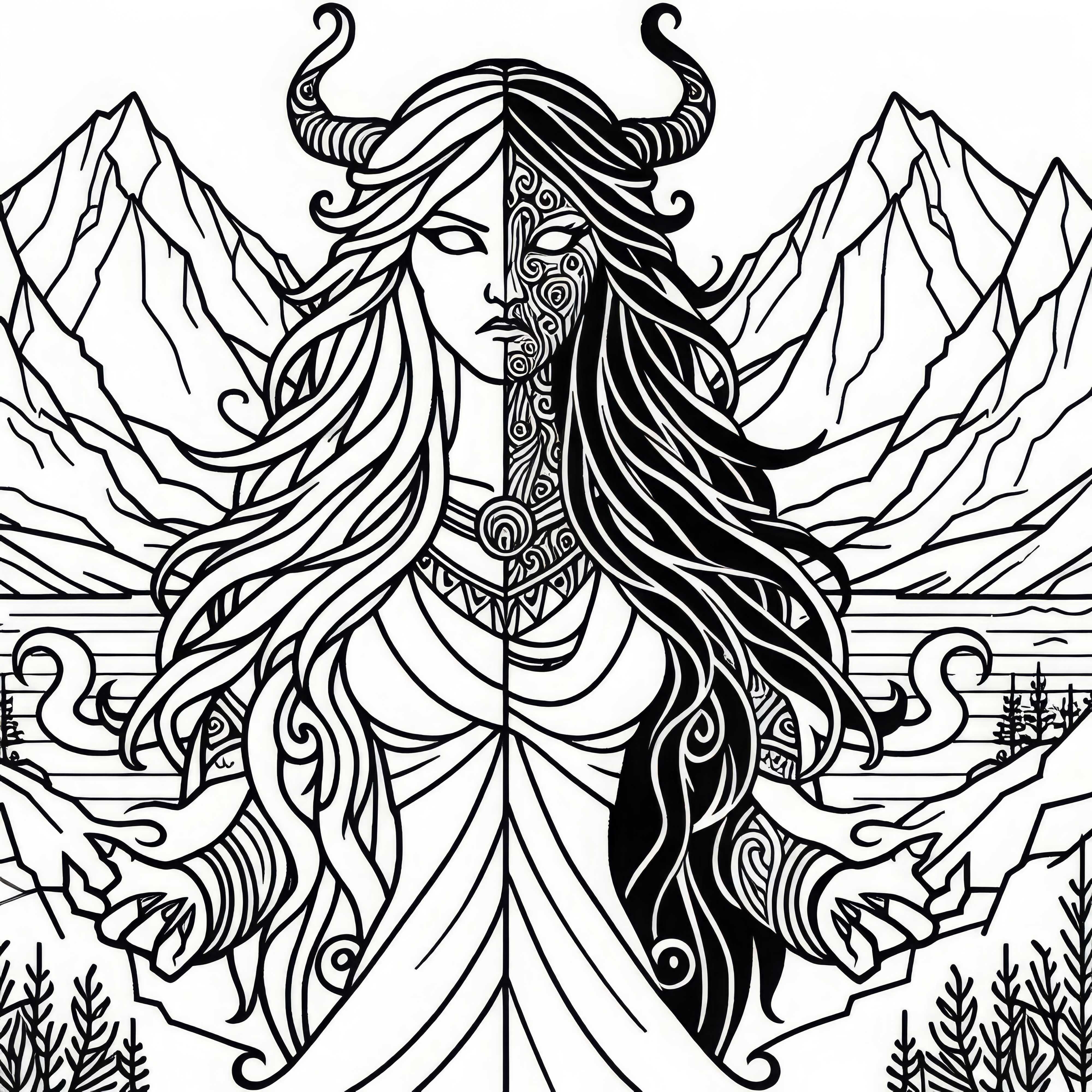 Hel, the ruler of the underworld: Half alive, half dead – Coloring page for Norse mythology Hel, the ruler of the underworld: Half alive, half dead – Coloring page for Norse mythology