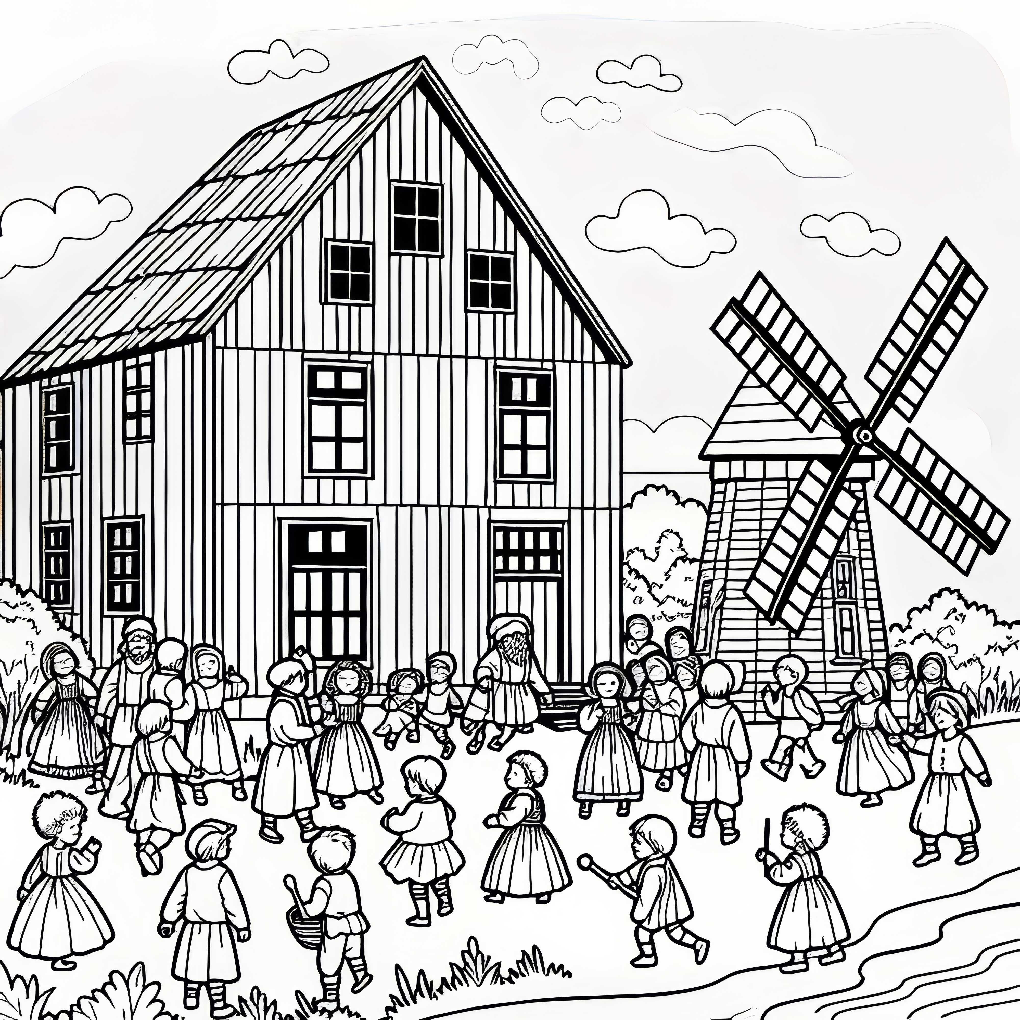 Children playing in front of a mill - Free coloring picture Children playing in front of a windmill – Free coloring page
