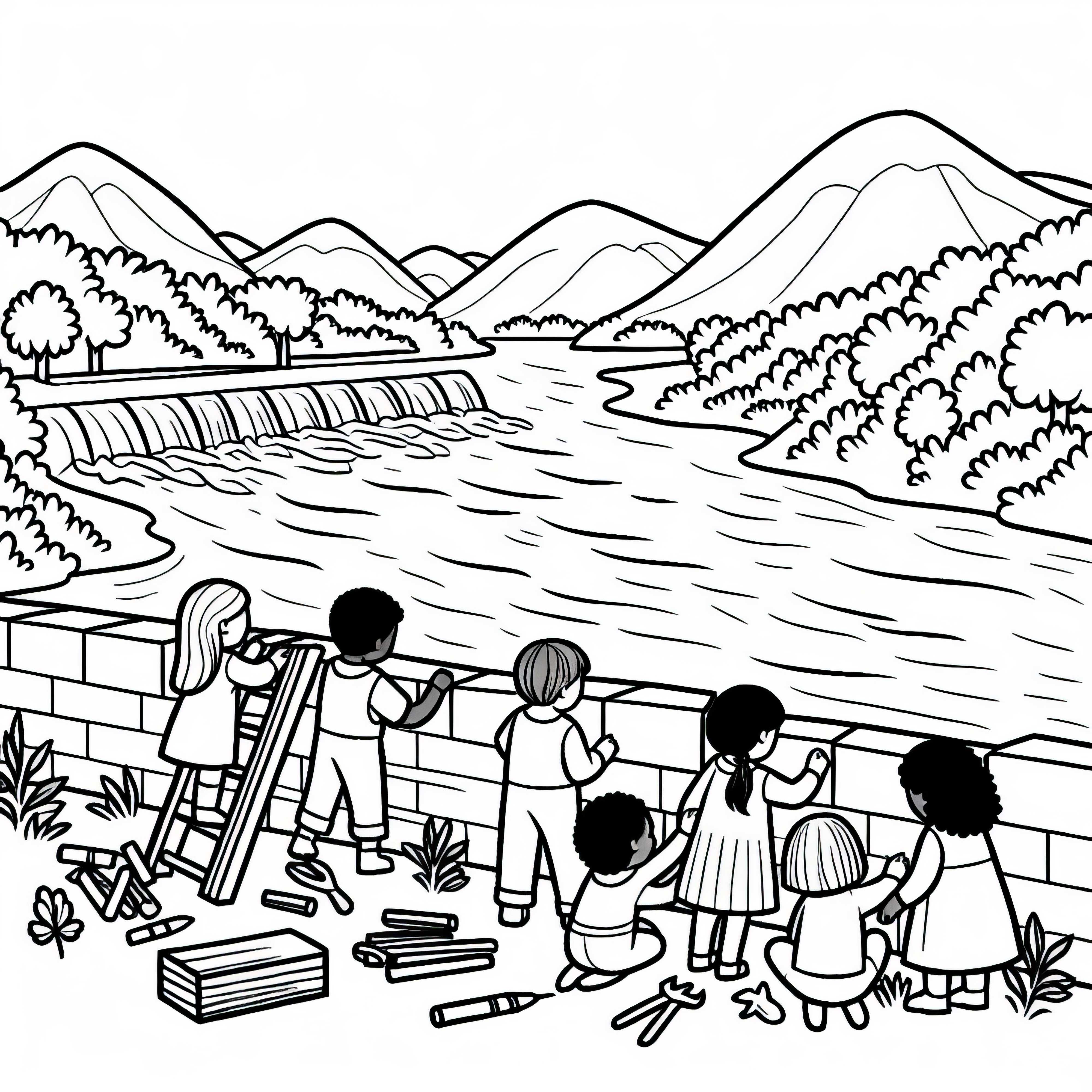 Children Build a Dam in River Landscape - Free Coloring Page Children Build a Dam in River Landscape – Free Coloring Page
