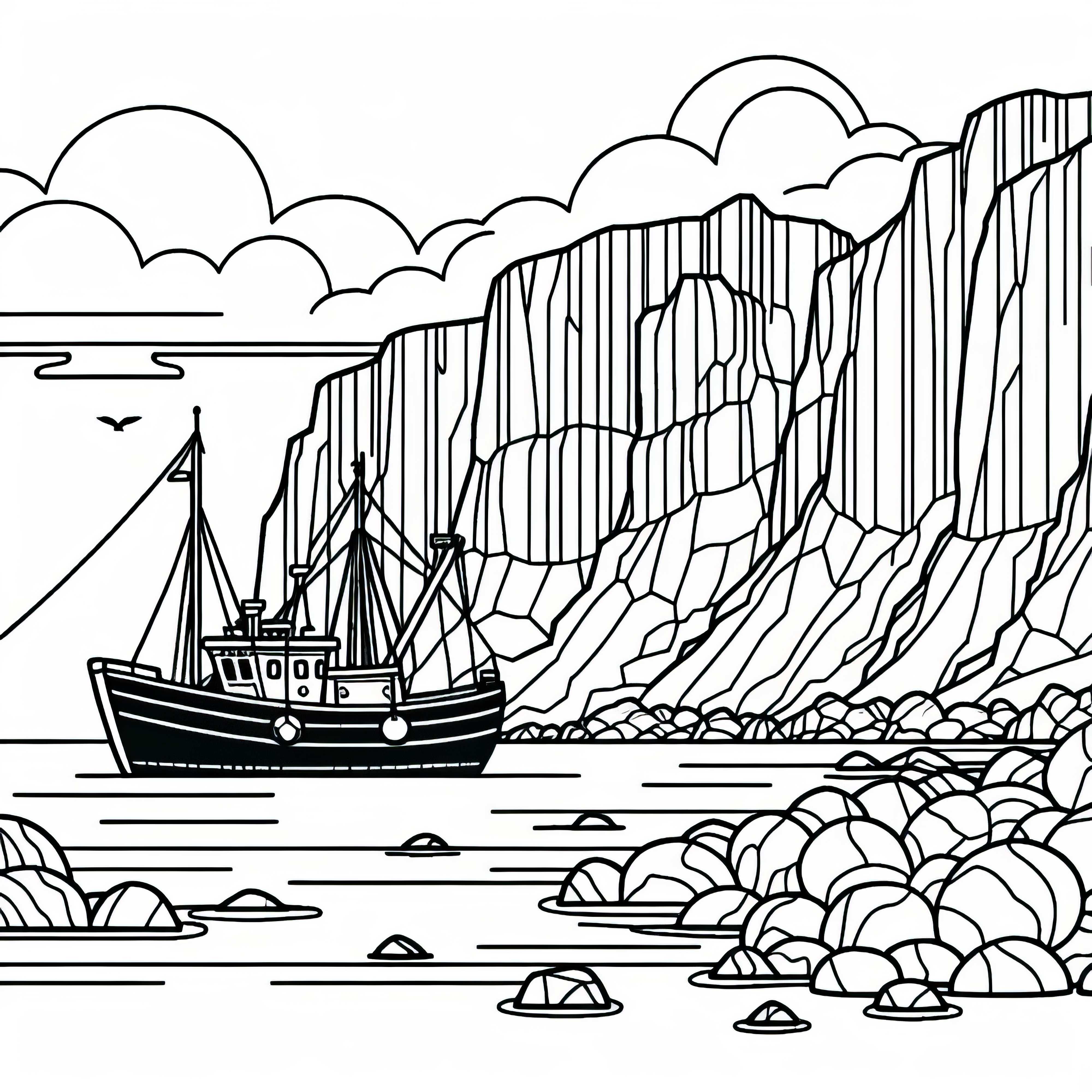 Fishing cutter below a steep cliff - Download coloring page for free Fisherman's cutter below a steep cliff – Download free coloring page