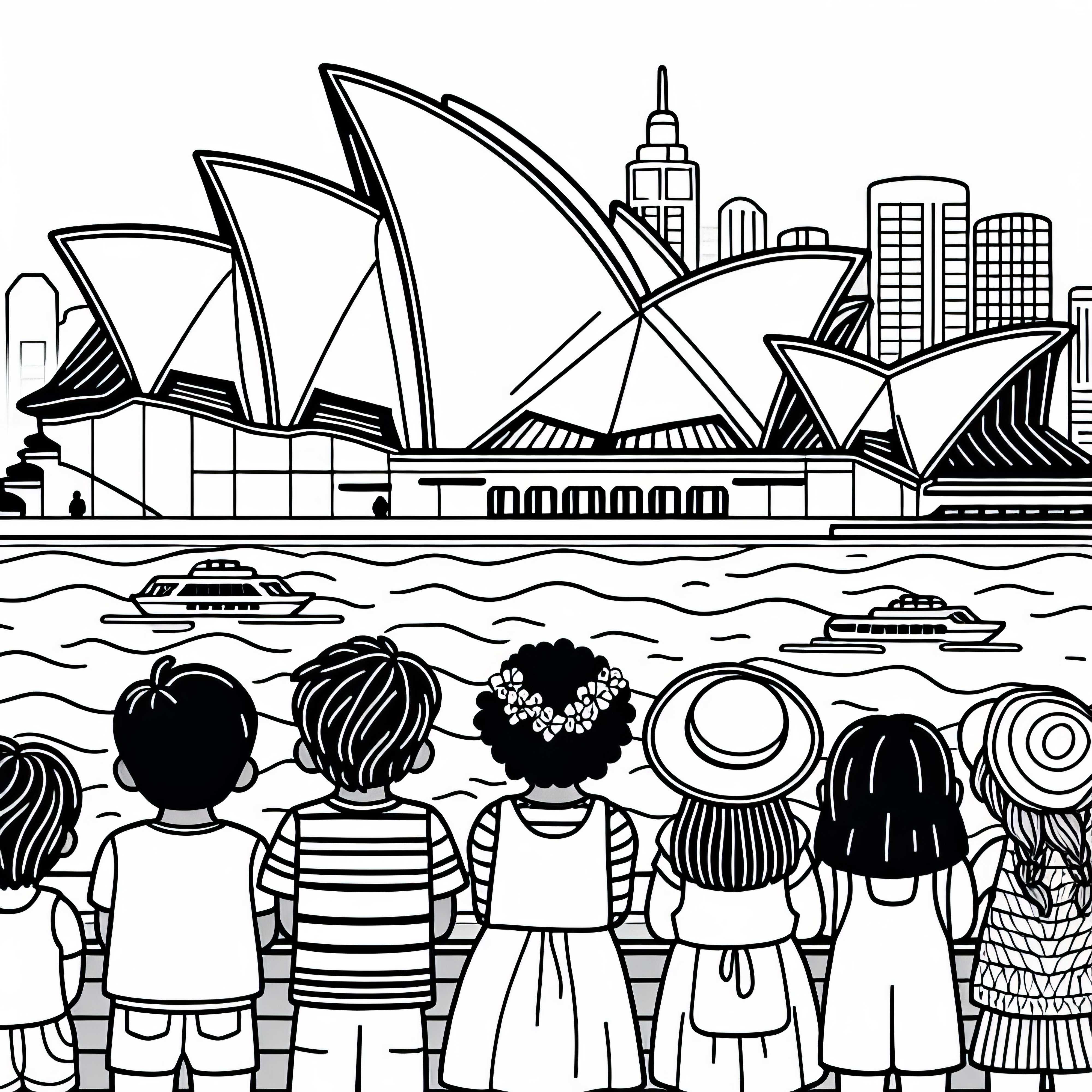 Sydney children view the opera house – Free coloring page Sydney children look at the opera house – free coloring page