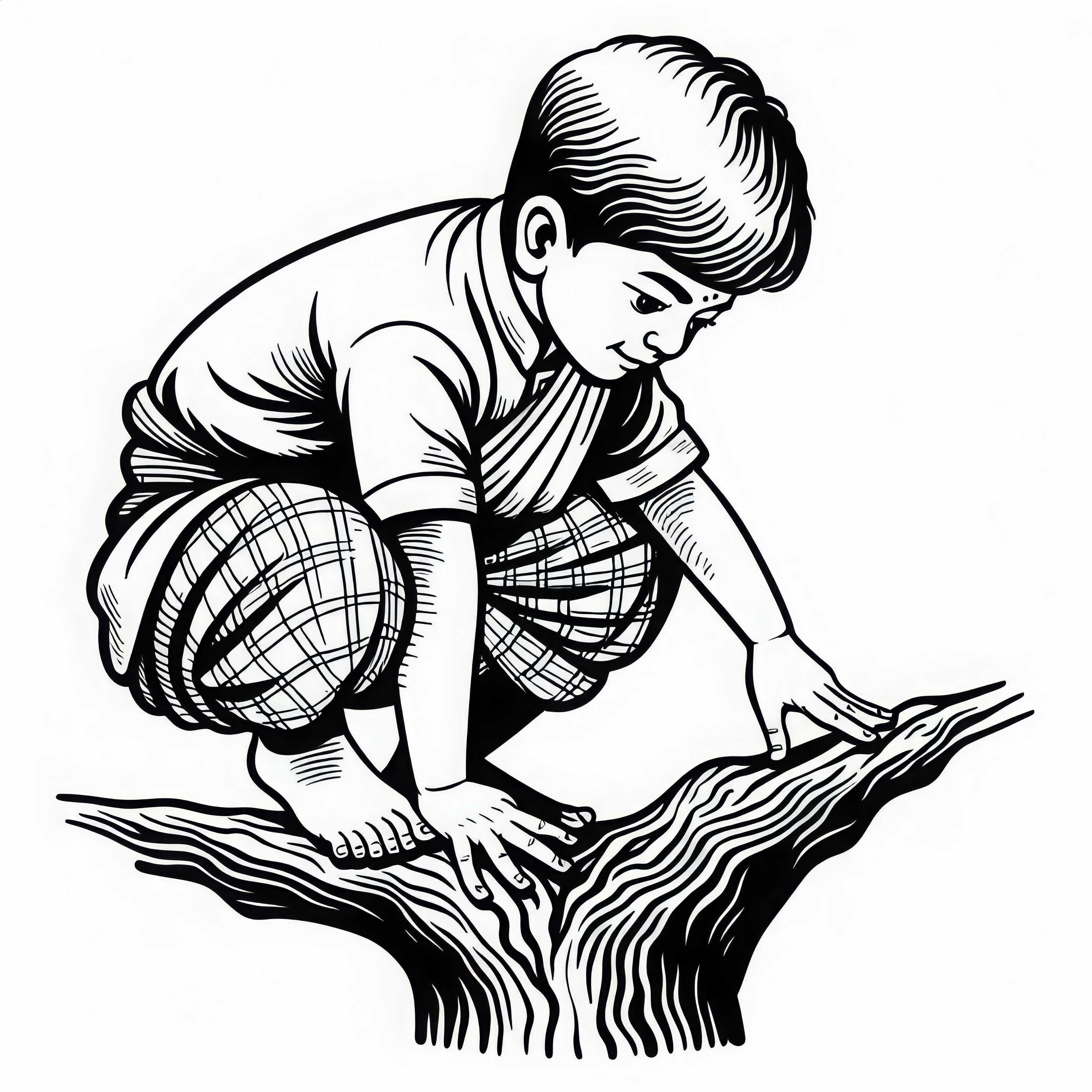 Child balancing focused on a branch: Coloring page to color in Child balanced and focused on branch: Coloring template for coloring