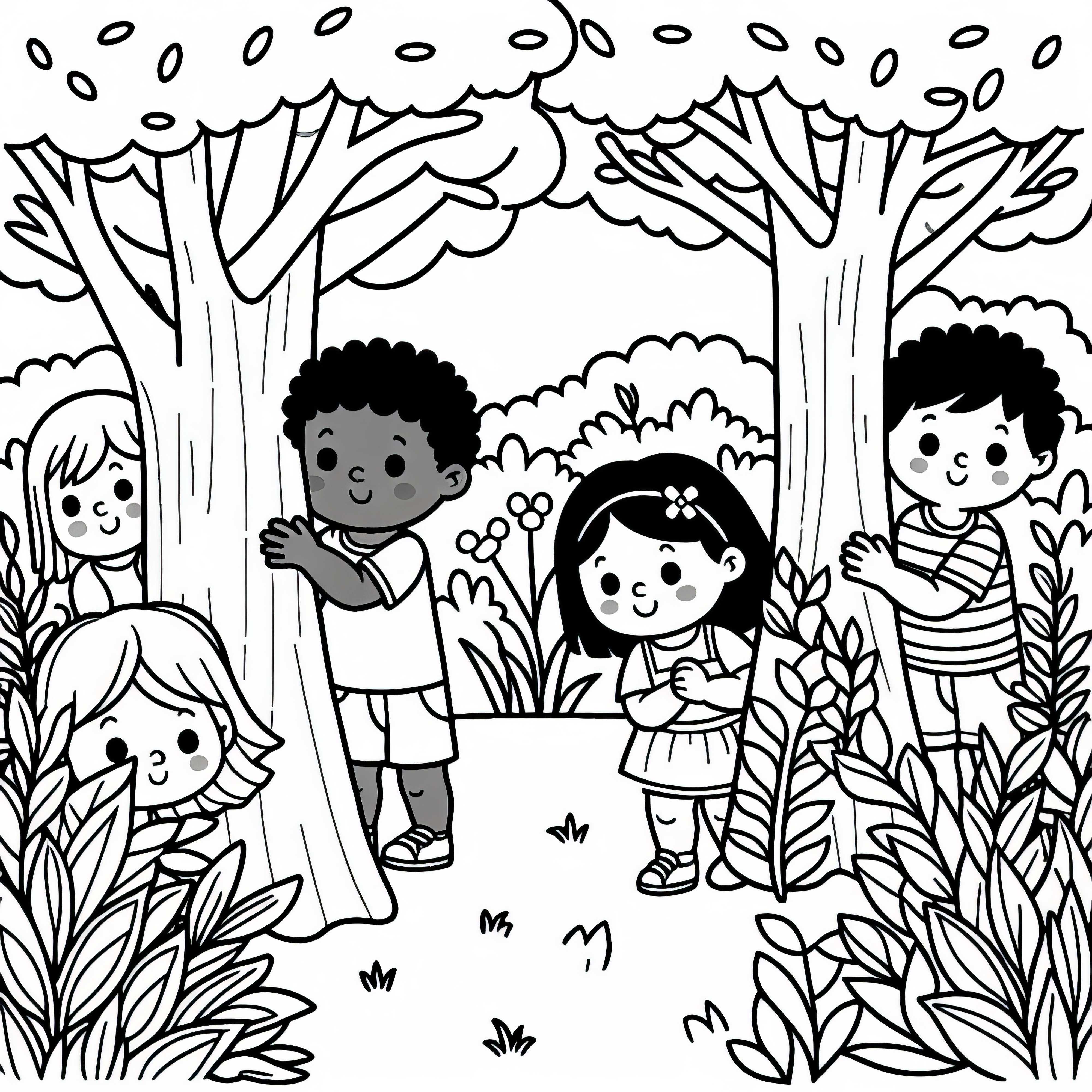 Children playing hide and seek behind trees and bushes - Free coloring page Children play hide and seek behind trees and bushes - free coloring page