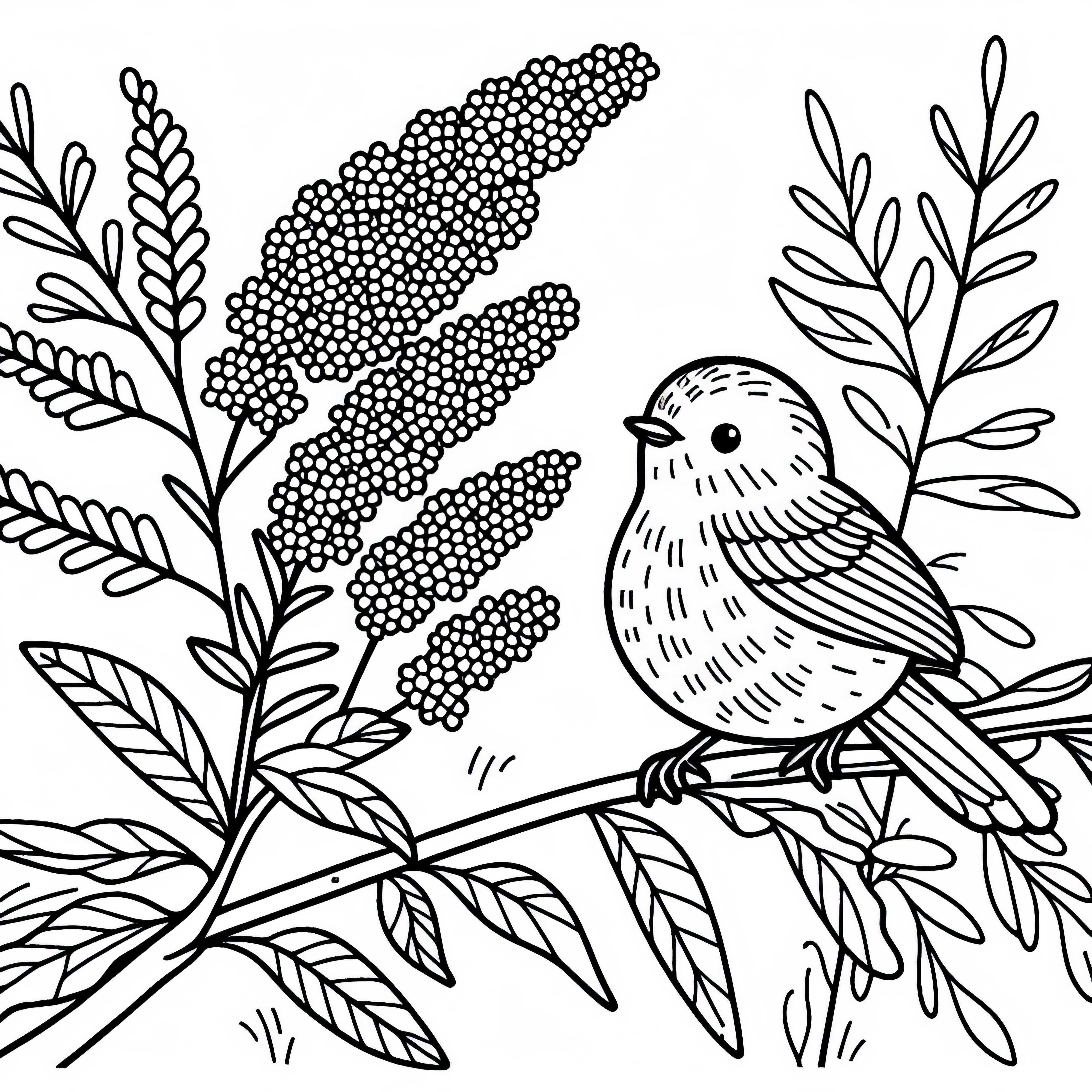 小さな鳥がセイタカアワダチソウの枝に座っている塗り絵 無料 小さな鳥がゴールデンロッドの枝に座っている塗り絵 無料