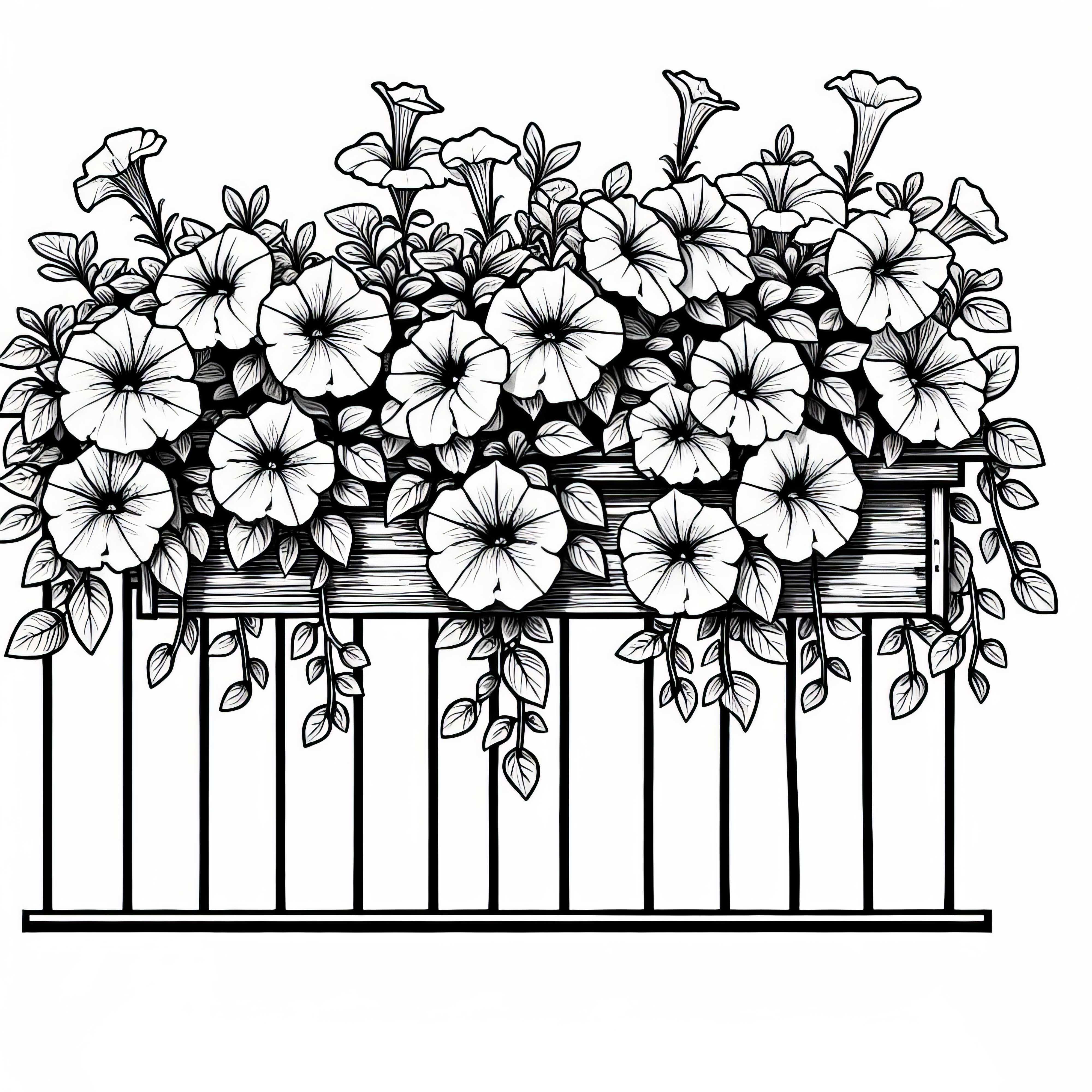 Several flowers: Petunias hanging in the balcony box over the railing – Free coloring template Several flowers: Petunias hanging in a balcony box over the railing – Free coloring template