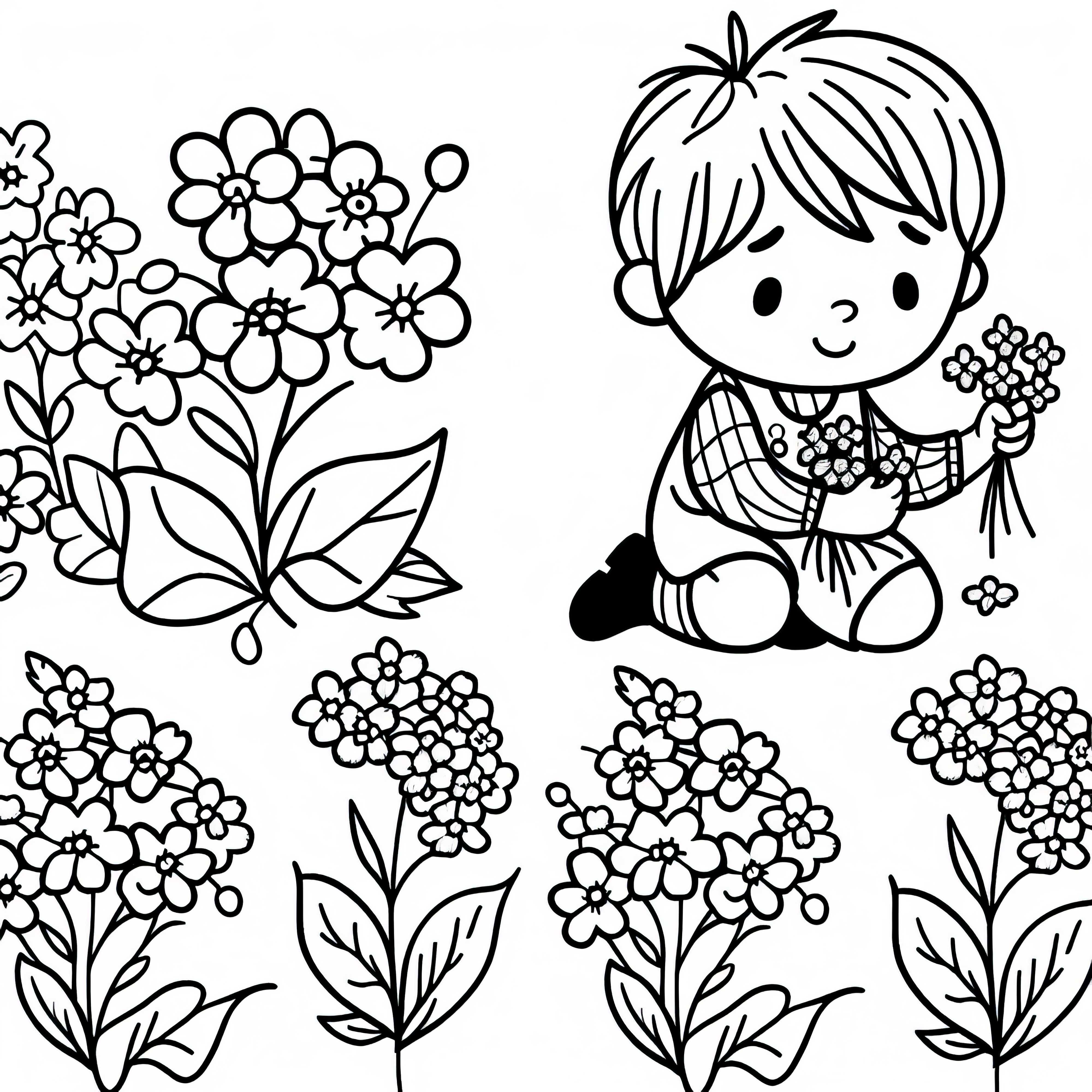 Child picking flowers - Forget-me-not coloring page free of charge Child picking flowers – Forget-me-not coloring template free