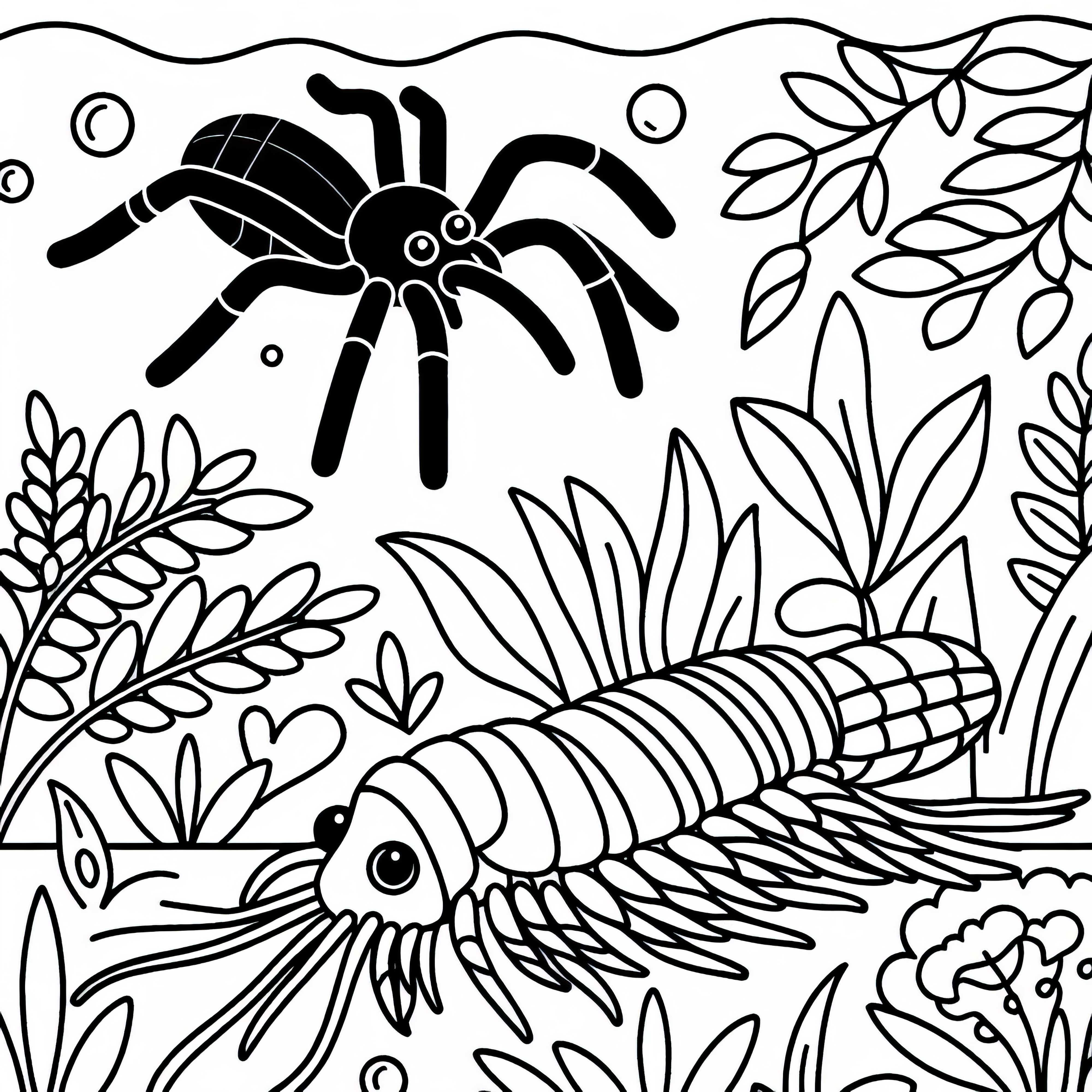 Silverfish observed by spider - Free coloring page Silverfish is being watched by a spider – Free coloring page