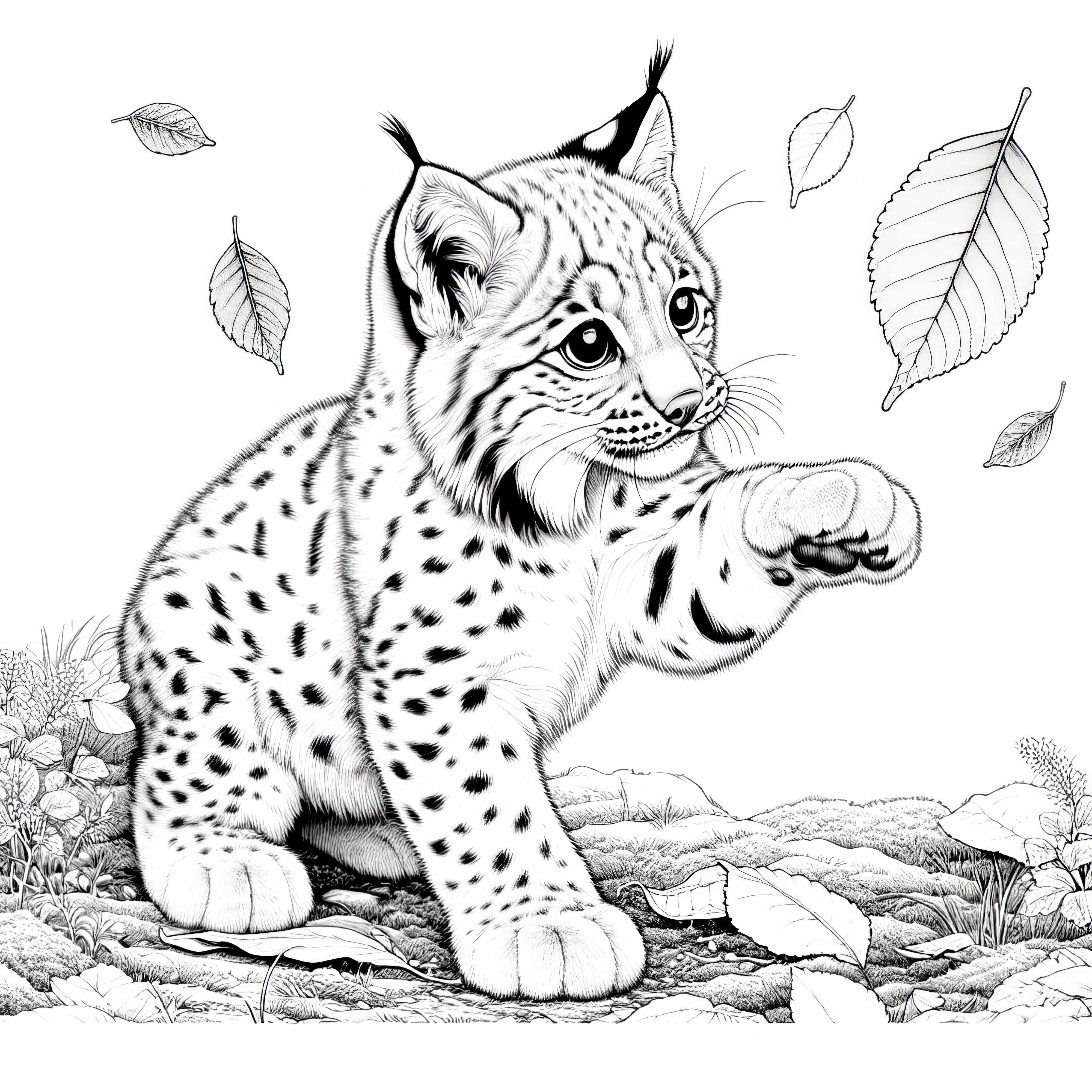 Lynx cub plays with a falling leaf: Detailed coloring template (Free) Lynx cub plays with falling leaf: Detailed coloring template (Free)