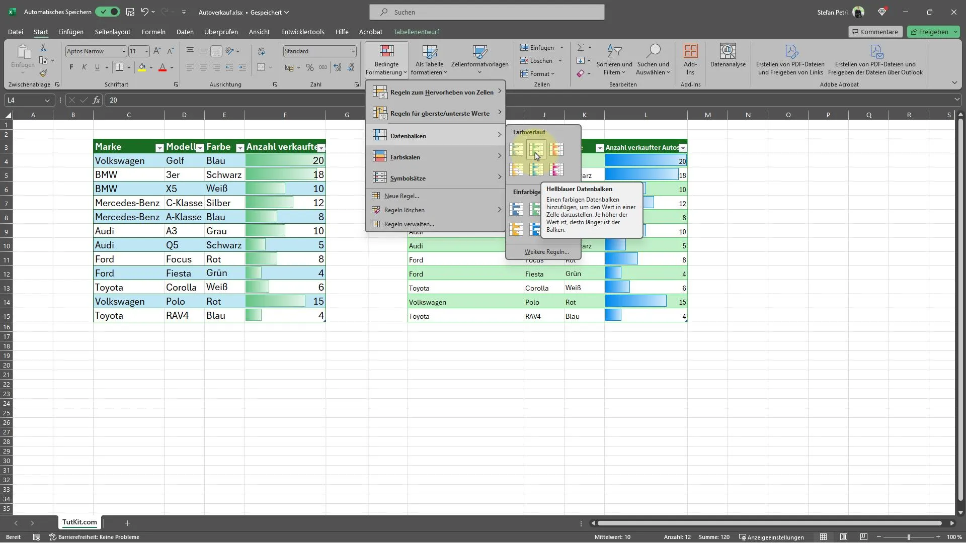 Izcelt Excel tabulā rindas un kolonnas ar datu joslu palīdzību.