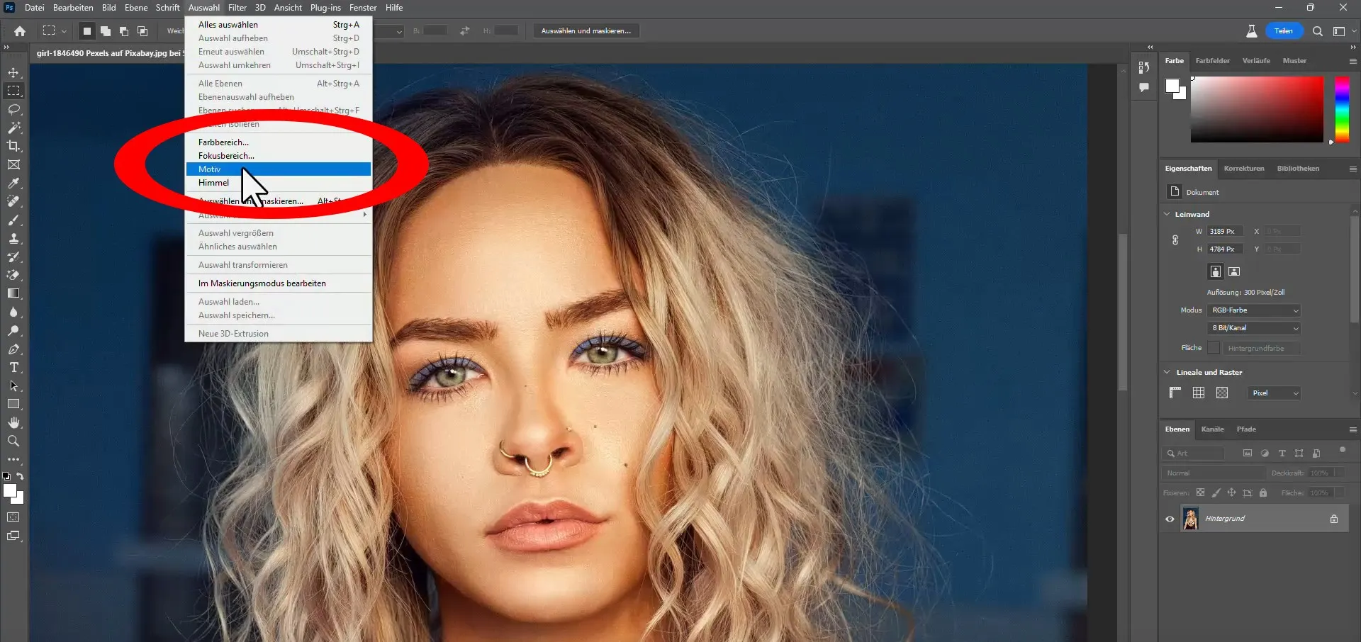 Odstrihnutie obrázkov v programe Photoshop: Vybrať motiv.