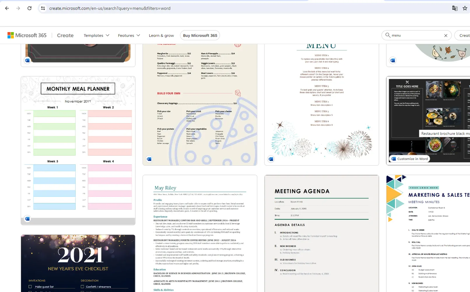 3 modèles de menus de nourriture