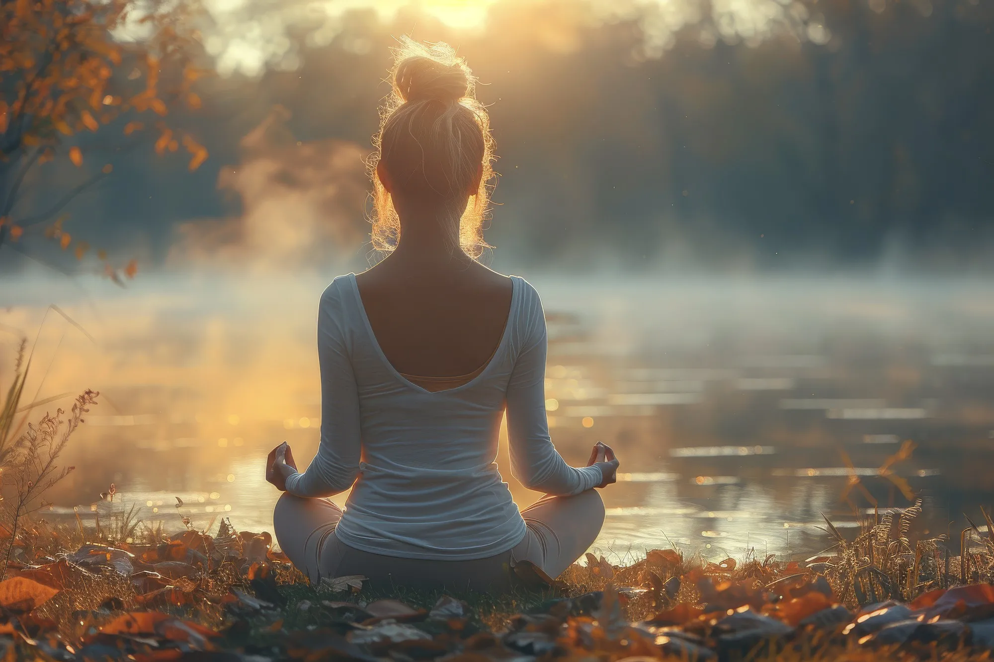 Frases para reflexionar sobre los sentimientos: Mujer sentada junto al agua practicando yoga.