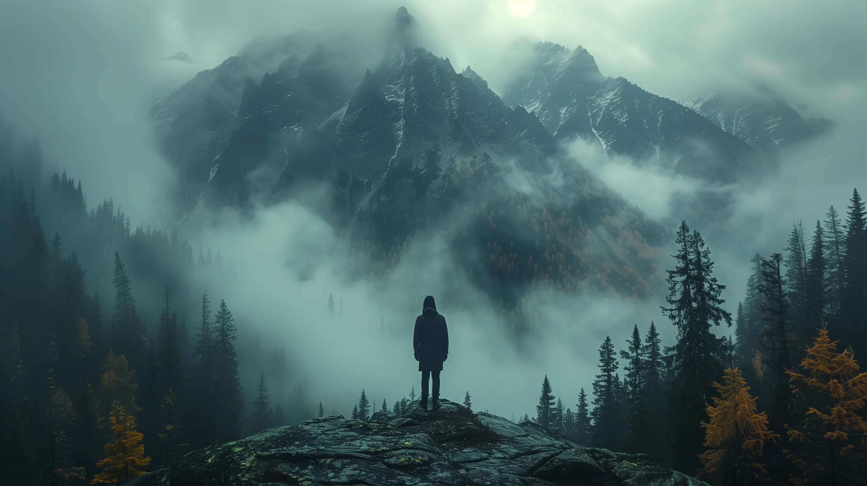 Frasi da riflettere - Un uomo si trova davanti a una montagna avvolta nella nebbia.