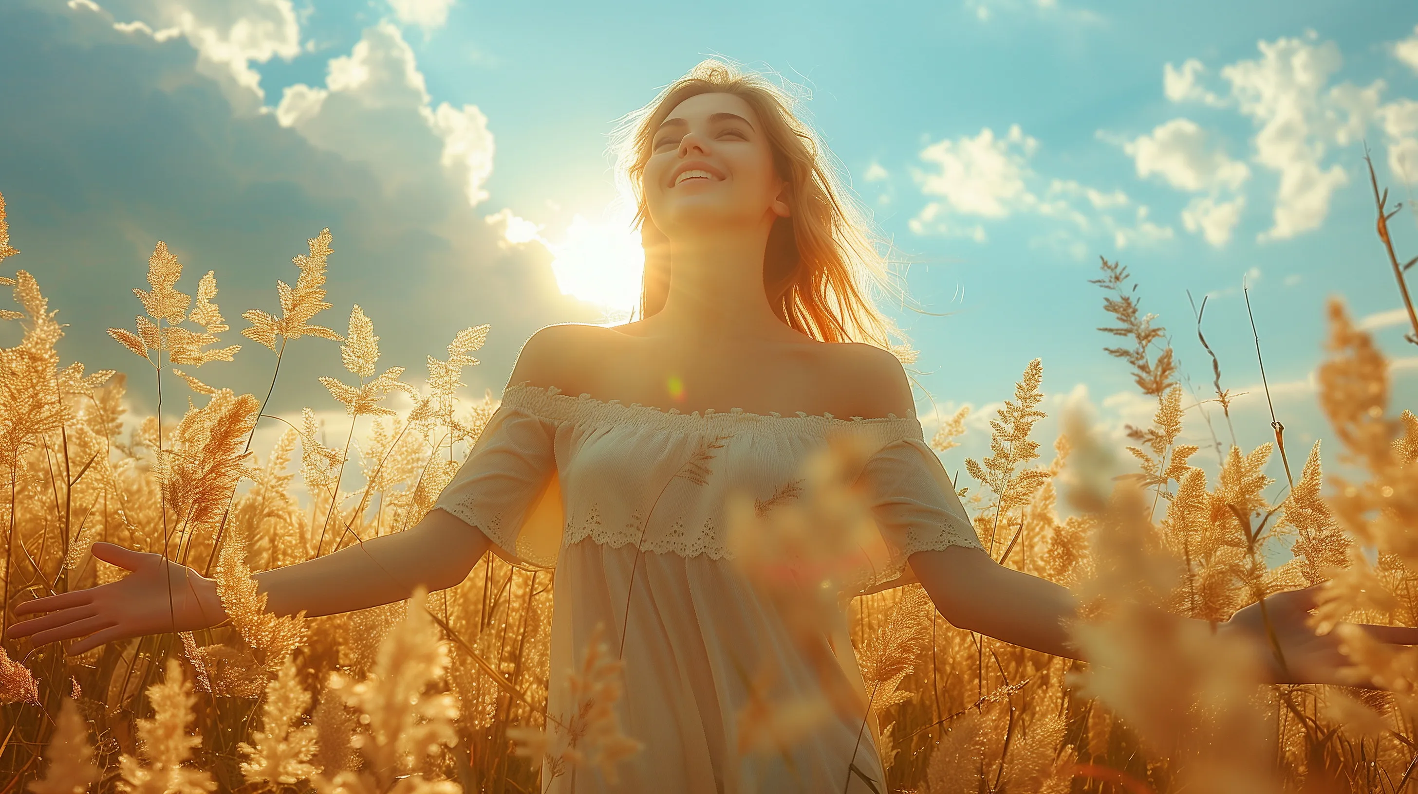 Frasi da riflettere - Donna nel campo di grano e dietro di lei un sole