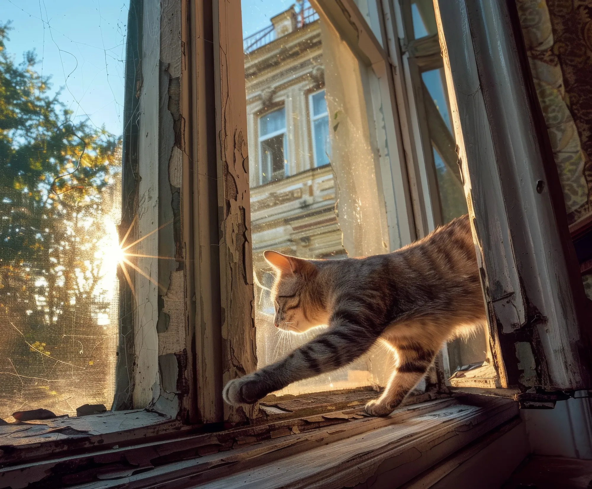 Saludo de buenos días con un gato en la ventana
