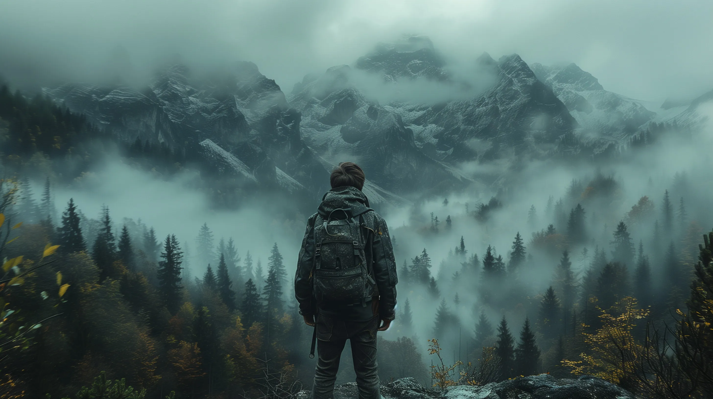 Frasi per riflettere - Un uomo su una montagna che guarda in un bosco avvolto dalla nebbia.