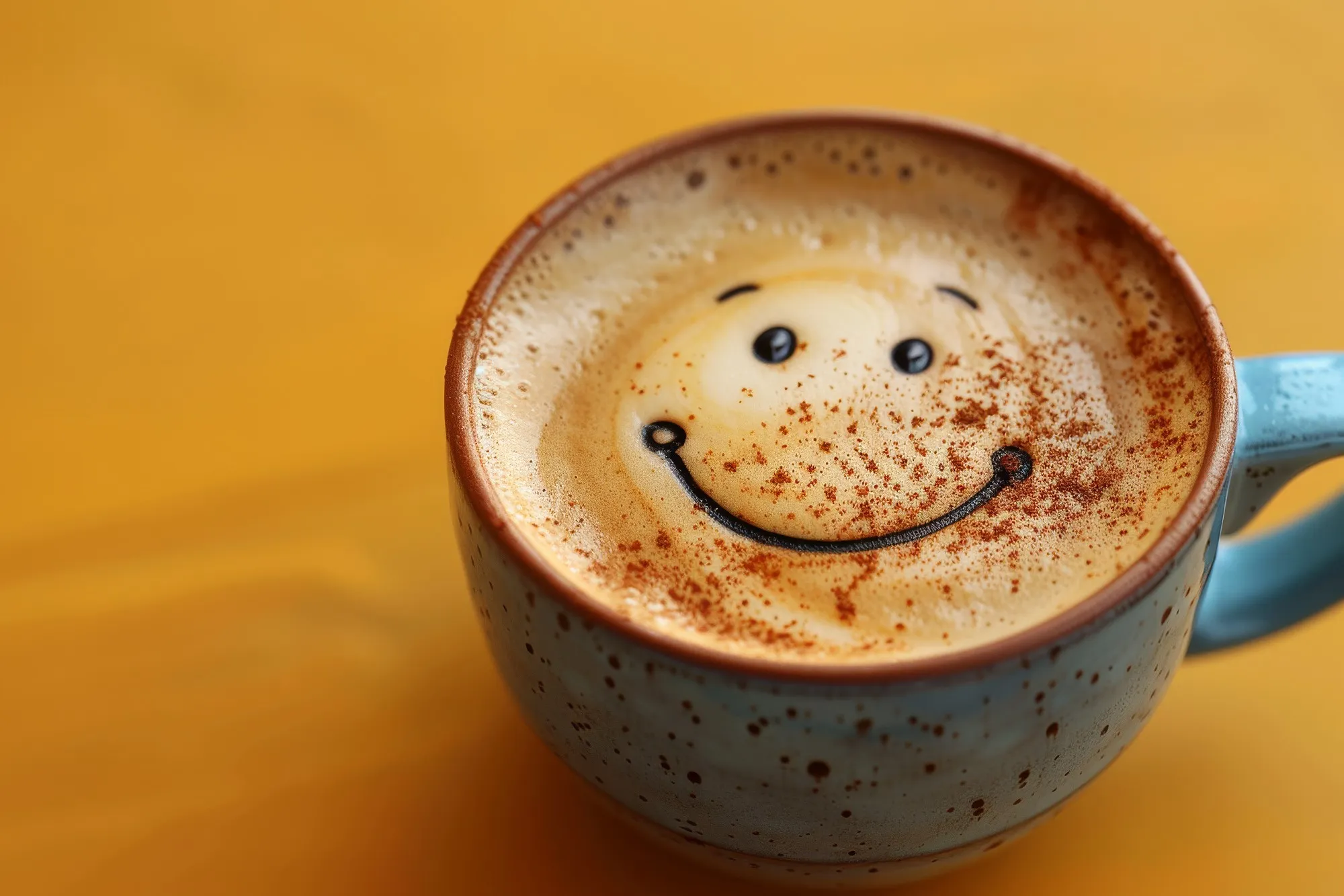 Saludo de buenos días con una taza de café con carita sonriente
