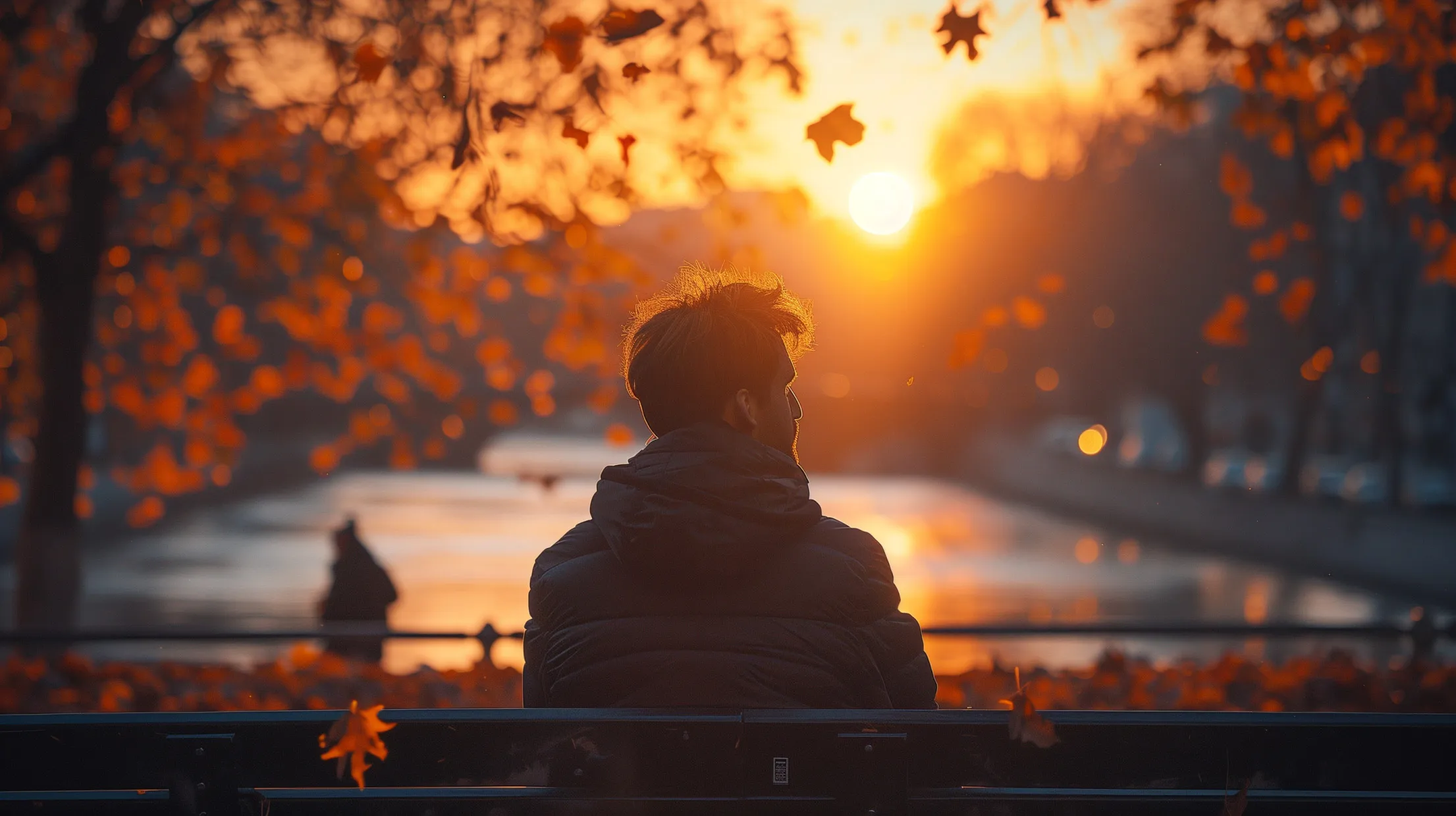 Frasi per riflettere - uomo seduto su una panchina che guarda un lago durante il tramonto