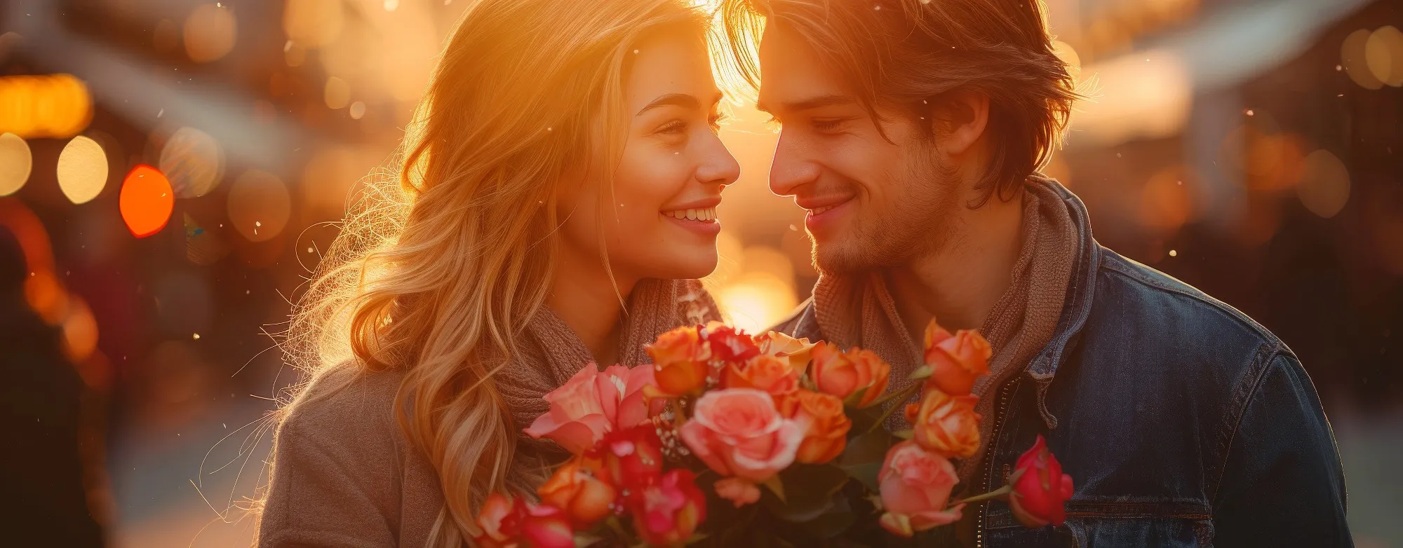 Dire "merci" - homme et femme avec un bouquet de fleurs.