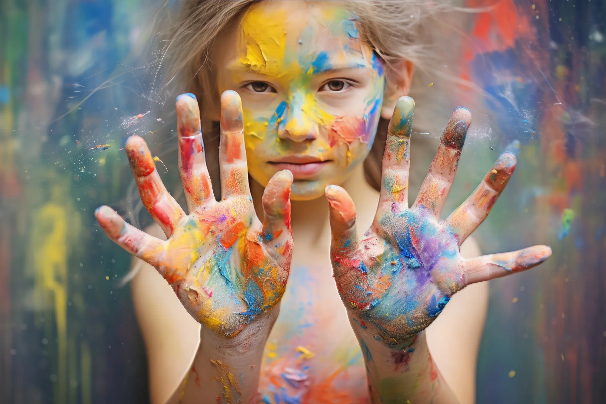 Enfant avec les mains peintes, après avoir utilisé nos modèles de coloriage gratuits.