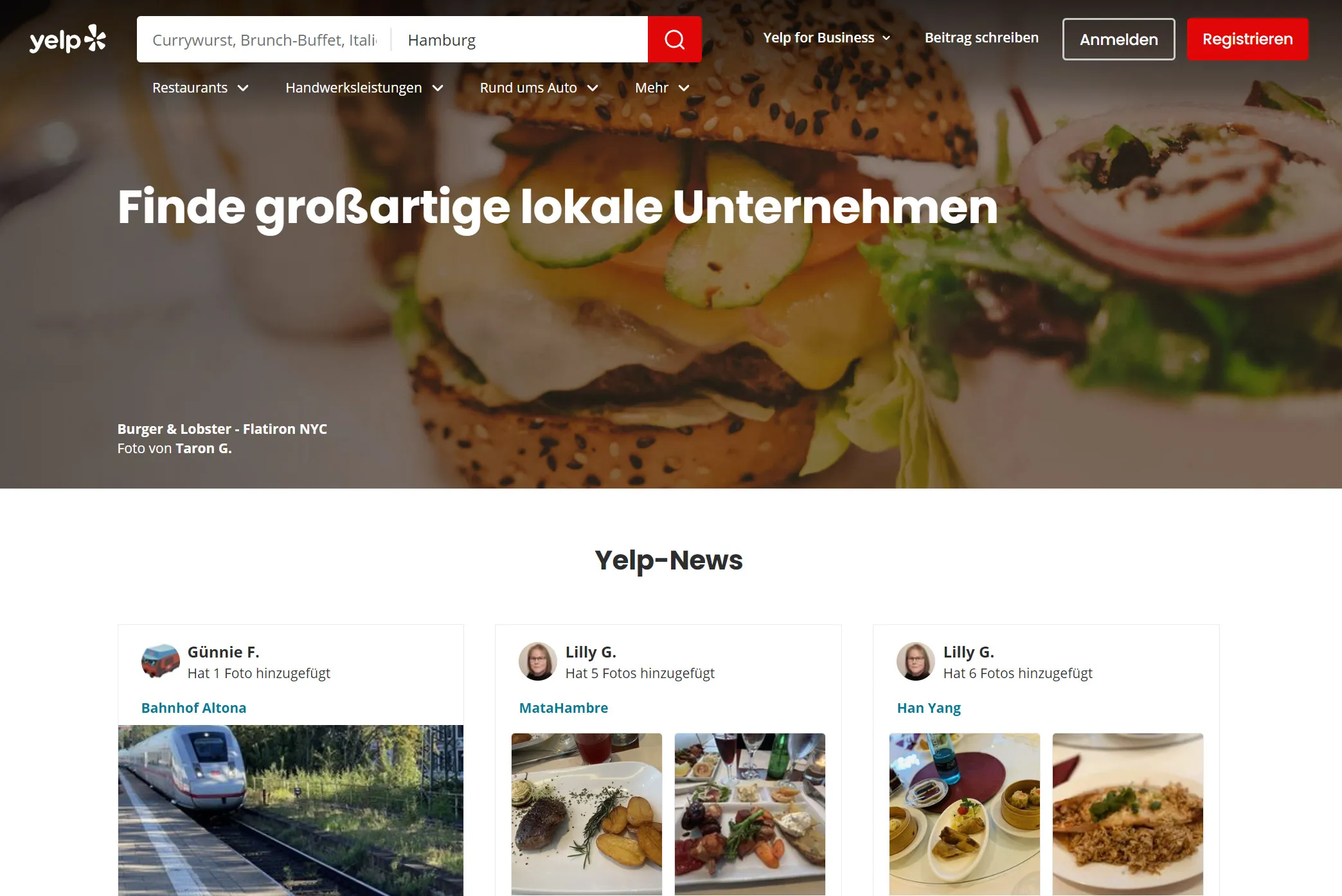 Yelp- Snímek obrazovky