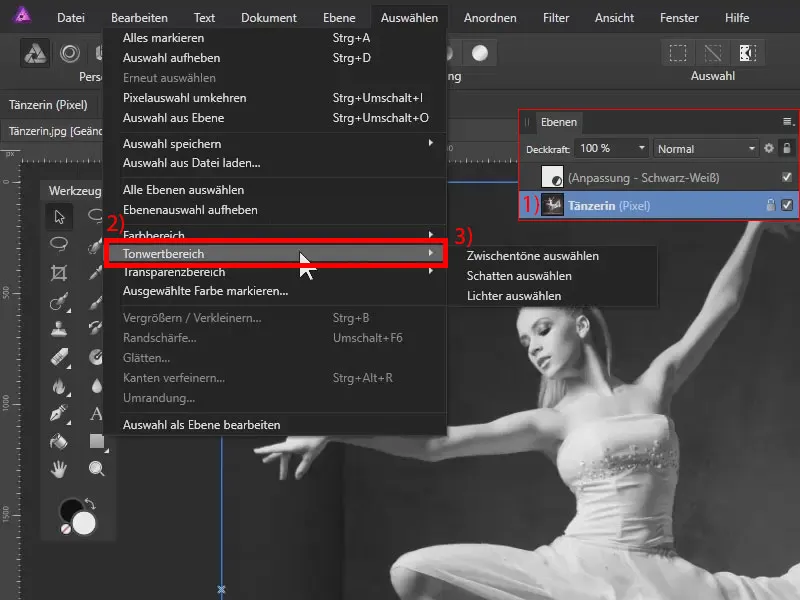 Affinity Photo-guide: Du hittar tonvärdesområdet i Affinity Photo under Välj.