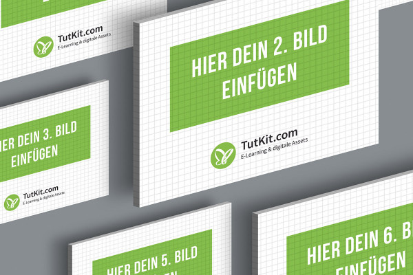 Mockup for slides in 4:3 format: 6 cards, dynamically distributed in the room, isometric