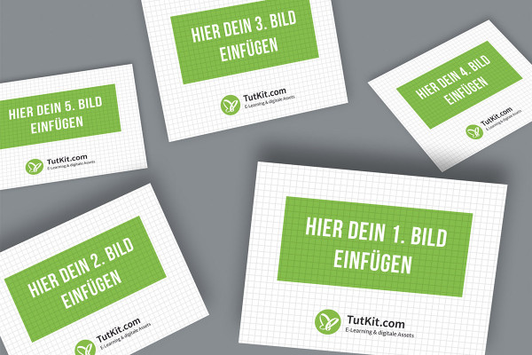 Mockup for slides in 4:3 format: 5 cards, irregularly arranged, main slide on the right