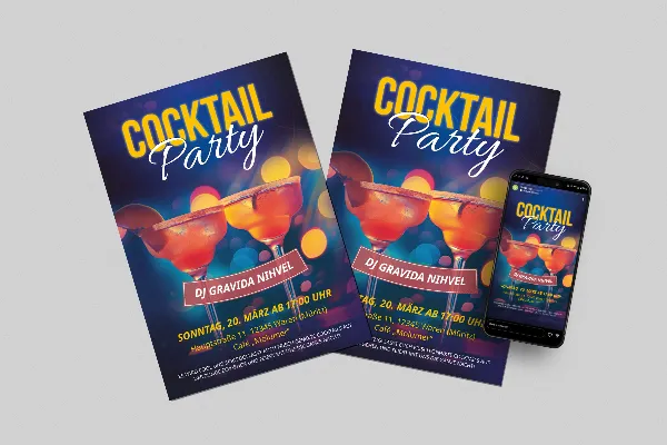Einladung Cocktailparty: Plakat- & Flyer-Vorlage „Leuchtende Drinks“