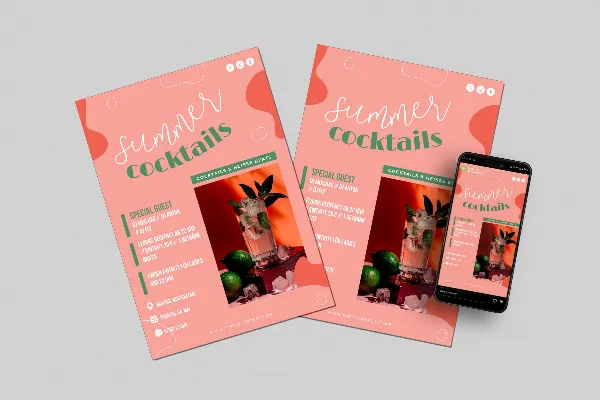 Invitation til cocktailparty: Plakat- og flyer-skabelon "Frugtig & frisk