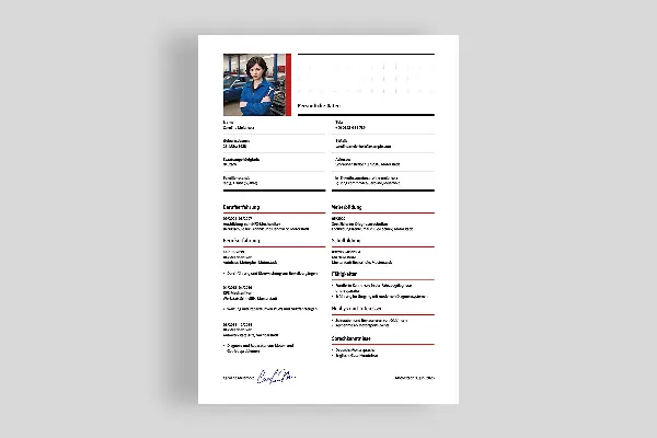 Resume template for automotive mechanic in dark red (one-sided)